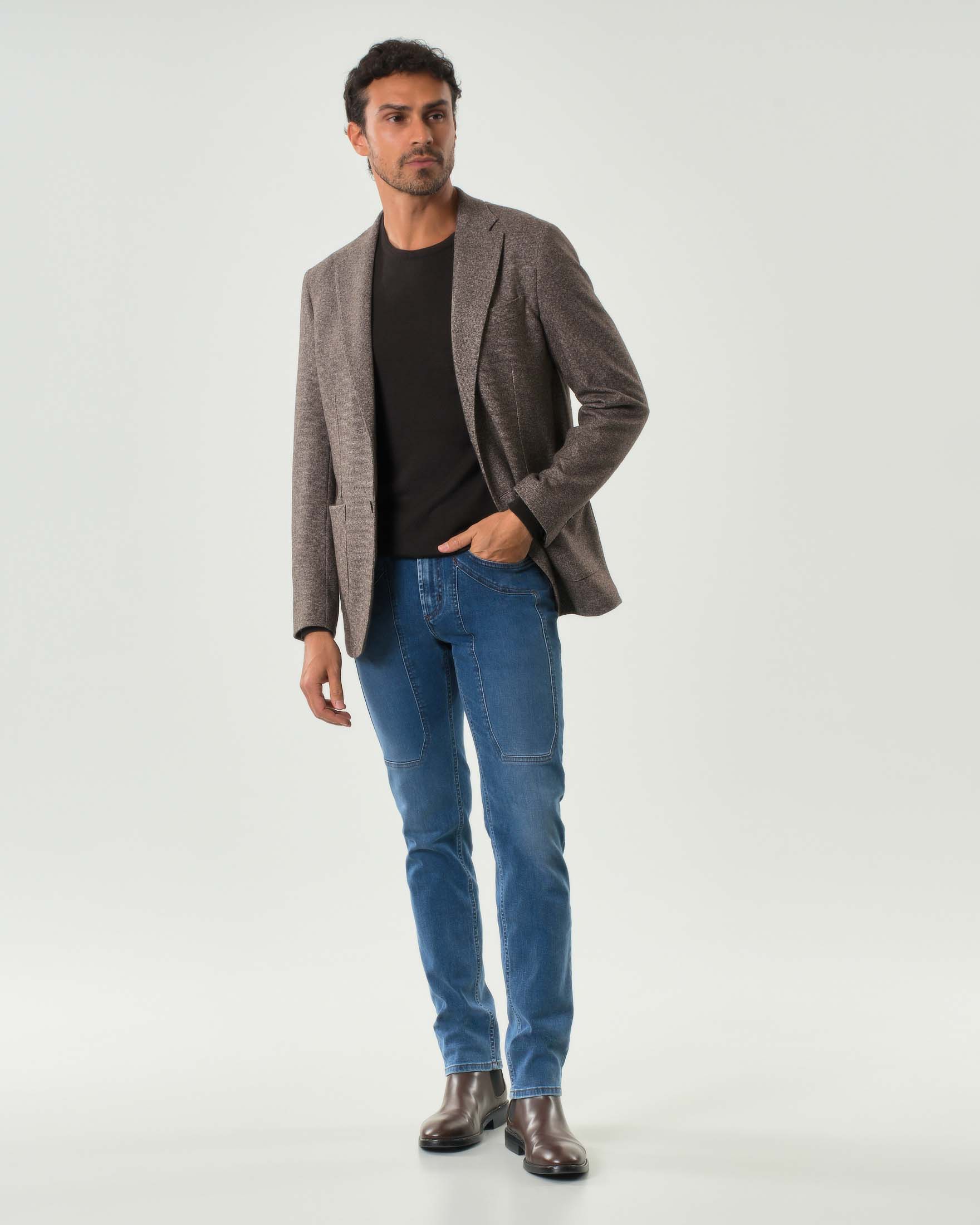 Blazer Ashki.i marrone in misto lana cotone e cachemire micro armatura