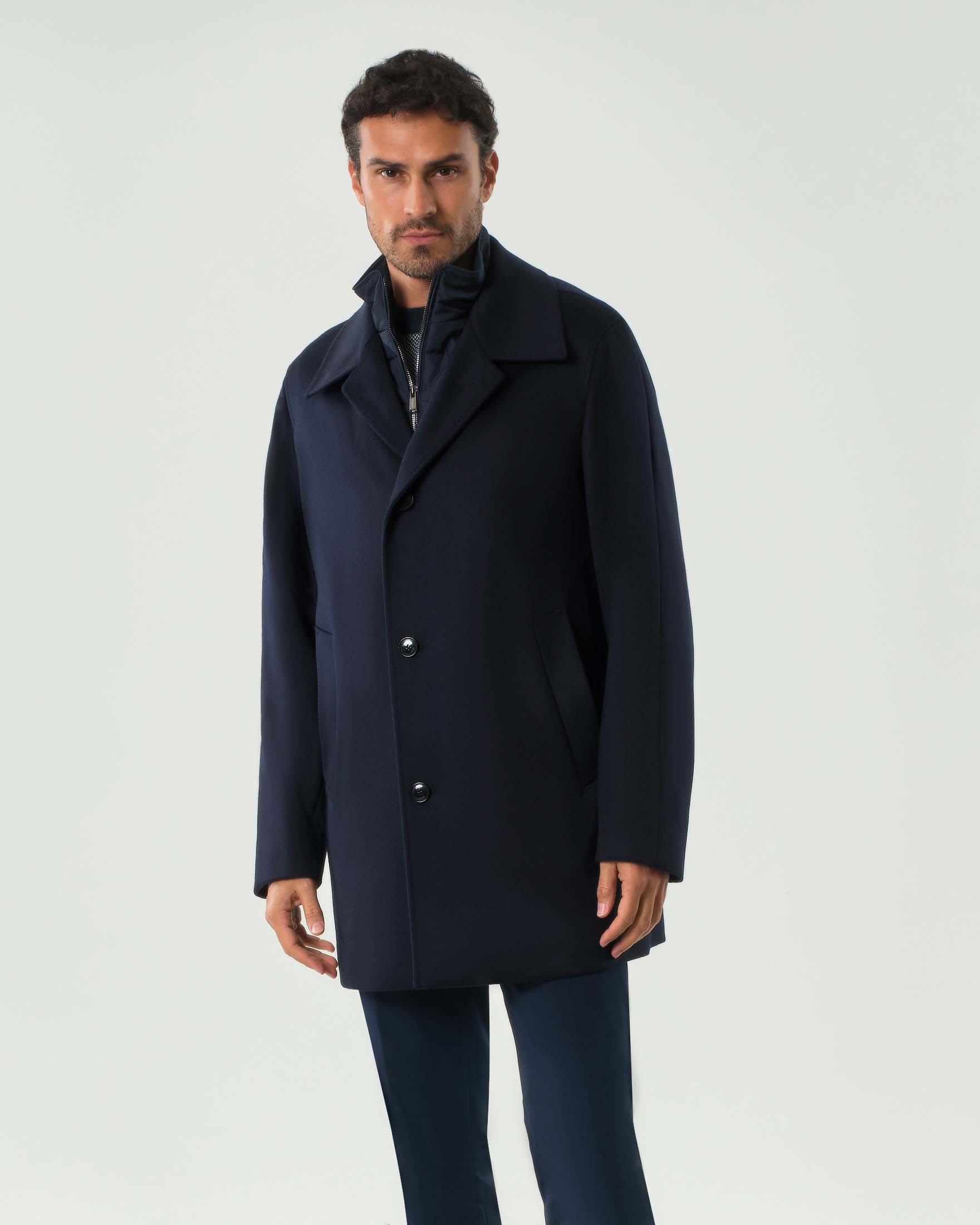 Cappotto Clark Boss blu in misto lana e cachemire con davantino staccabile