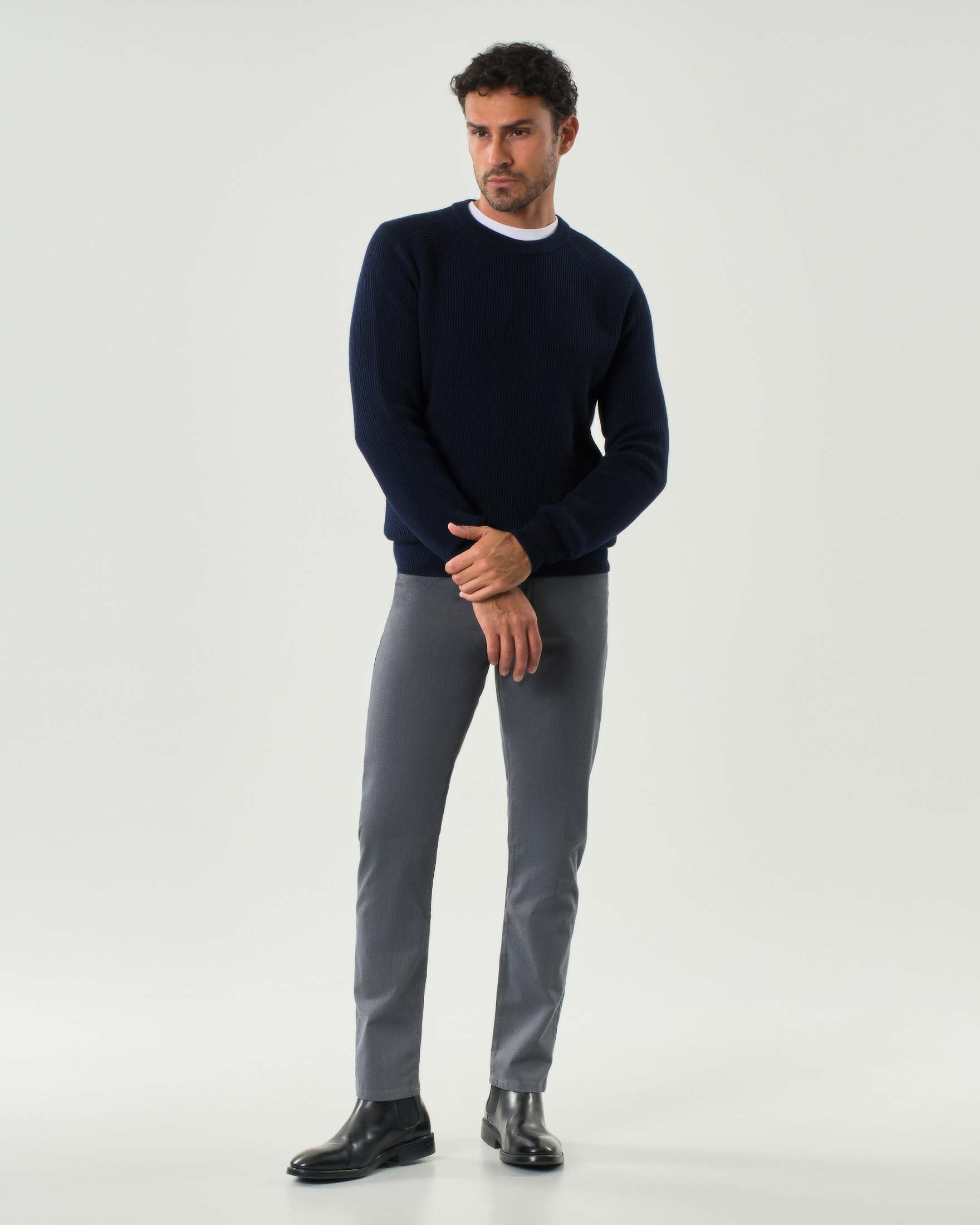 Pantalone cinque tasche Delaware Boss grigio in misto cotone e viscosa stretch micro pied de poule