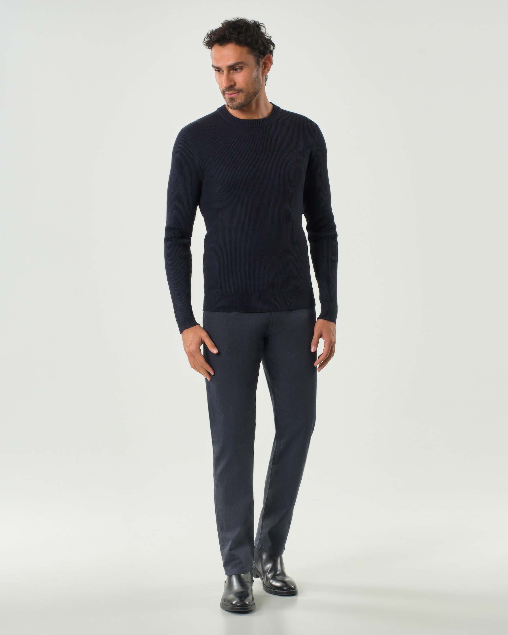 Pantalone cinque tasche Delaware Boss blu in misto cotone e viscosa stretch micro pied de poule