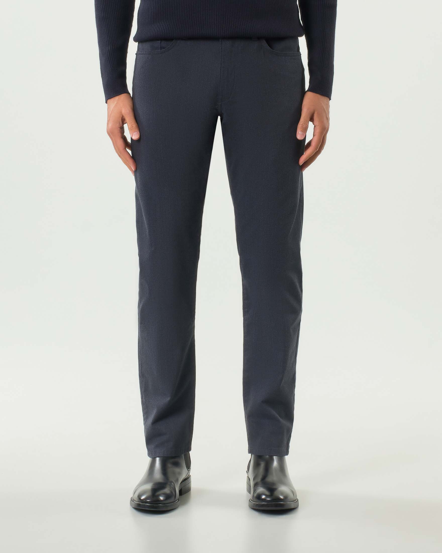 Pantalone cinque tasche Delaware Boss blu in misto cotone e viscosa stretch micro pied de poule image