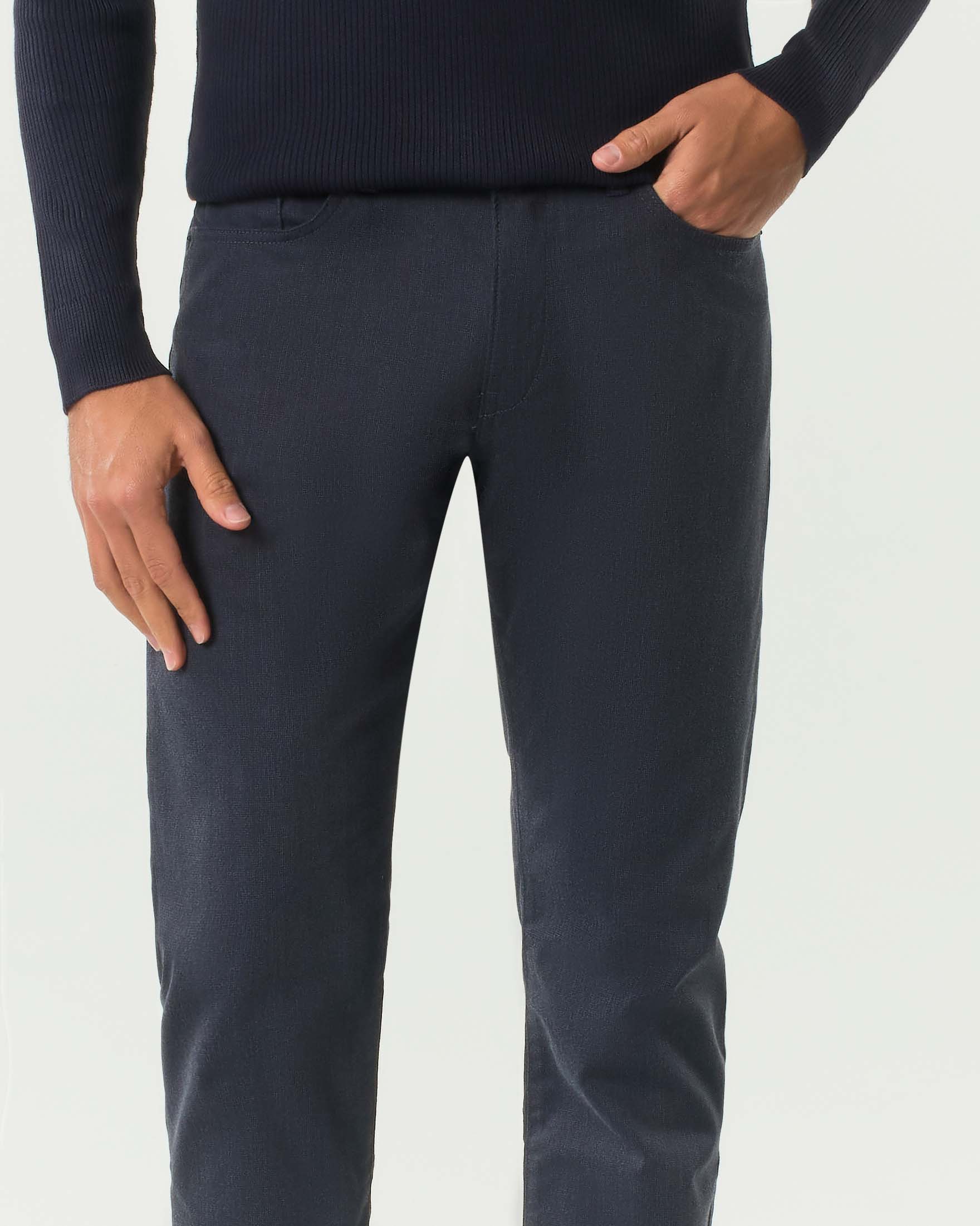 Pantalone cinque tasche Delaware Boss blu in misto cotone e viscosa stretch micro pied de poule