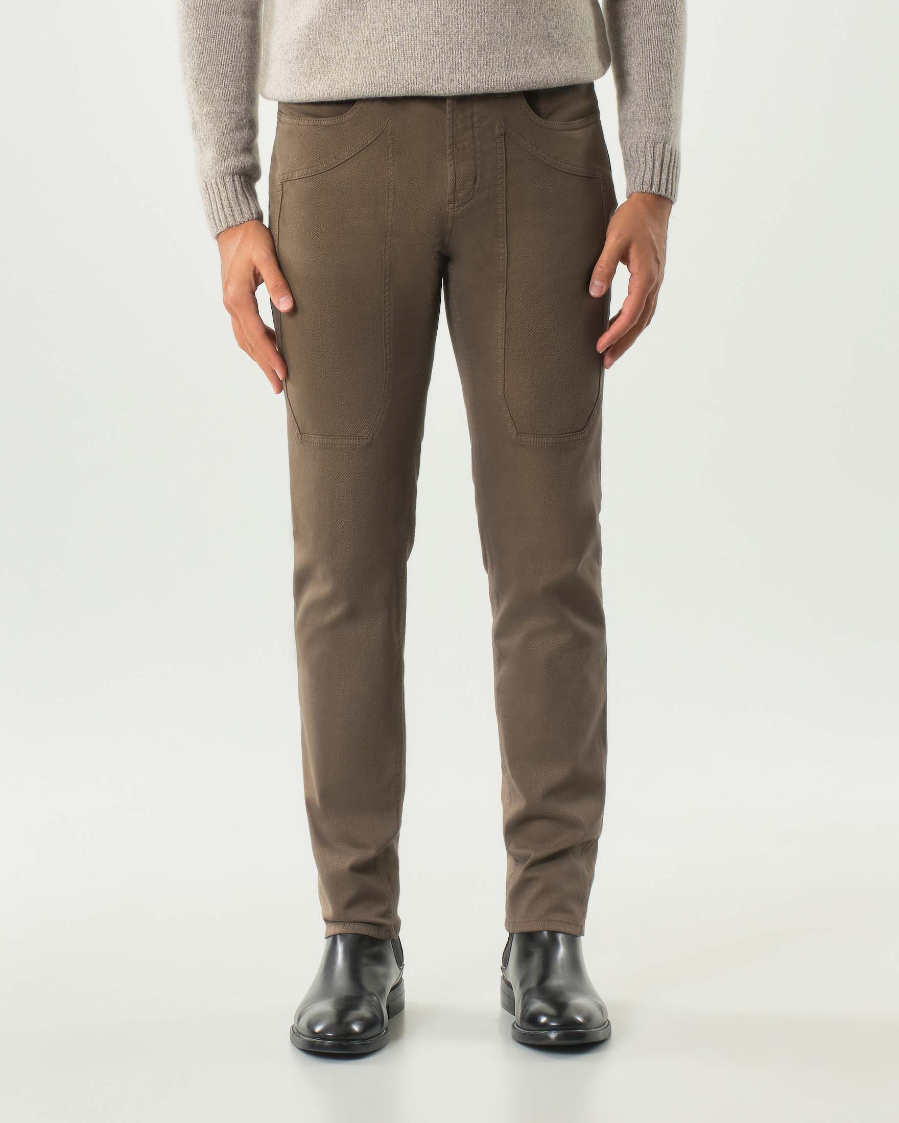 Pantalone cinque tasche Jeckerson marrone modello John in tricotina di cotone stretch con toppa image