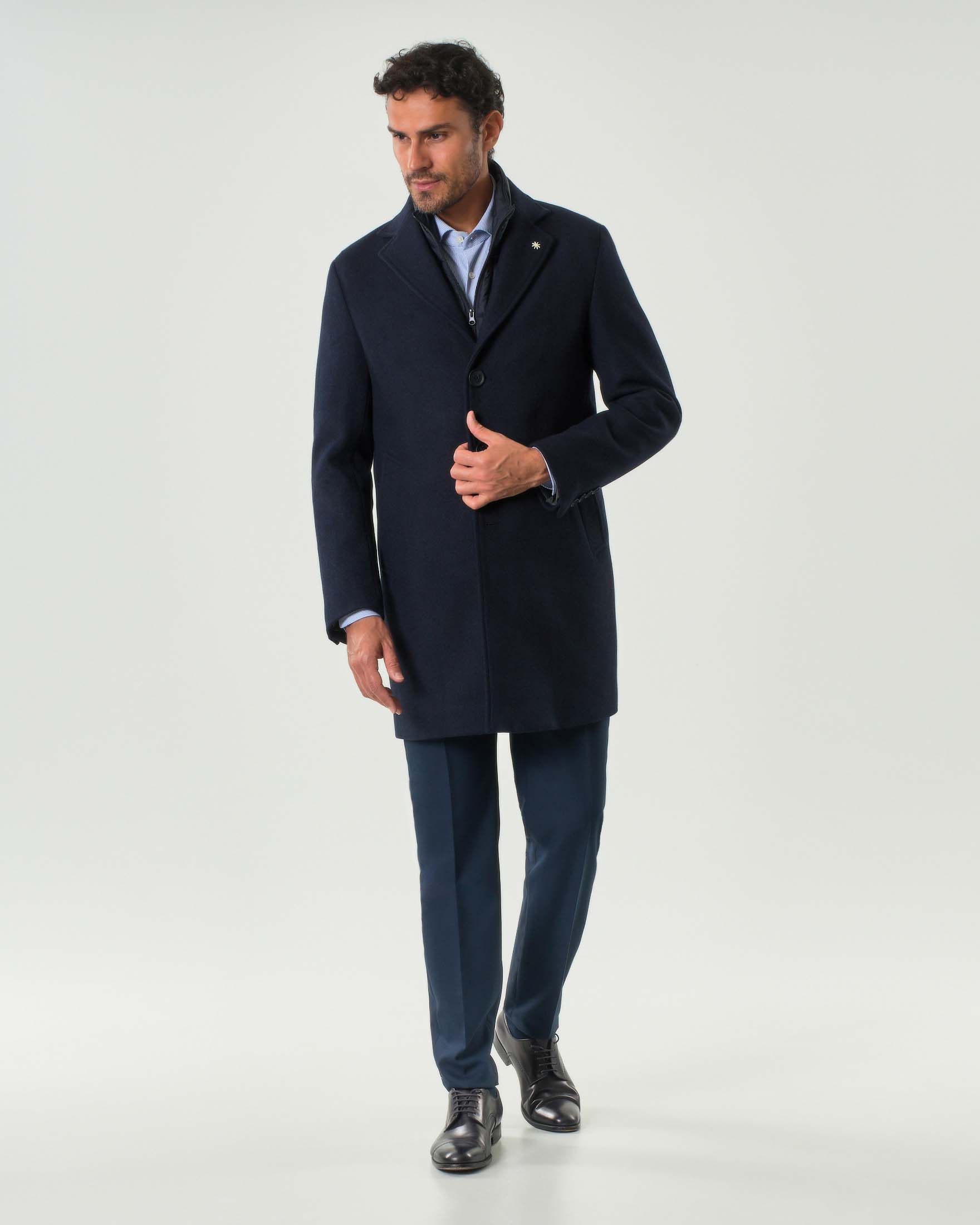 Cappotto Manuel Ritz blu in panno di lana chevron con davantino staccabile