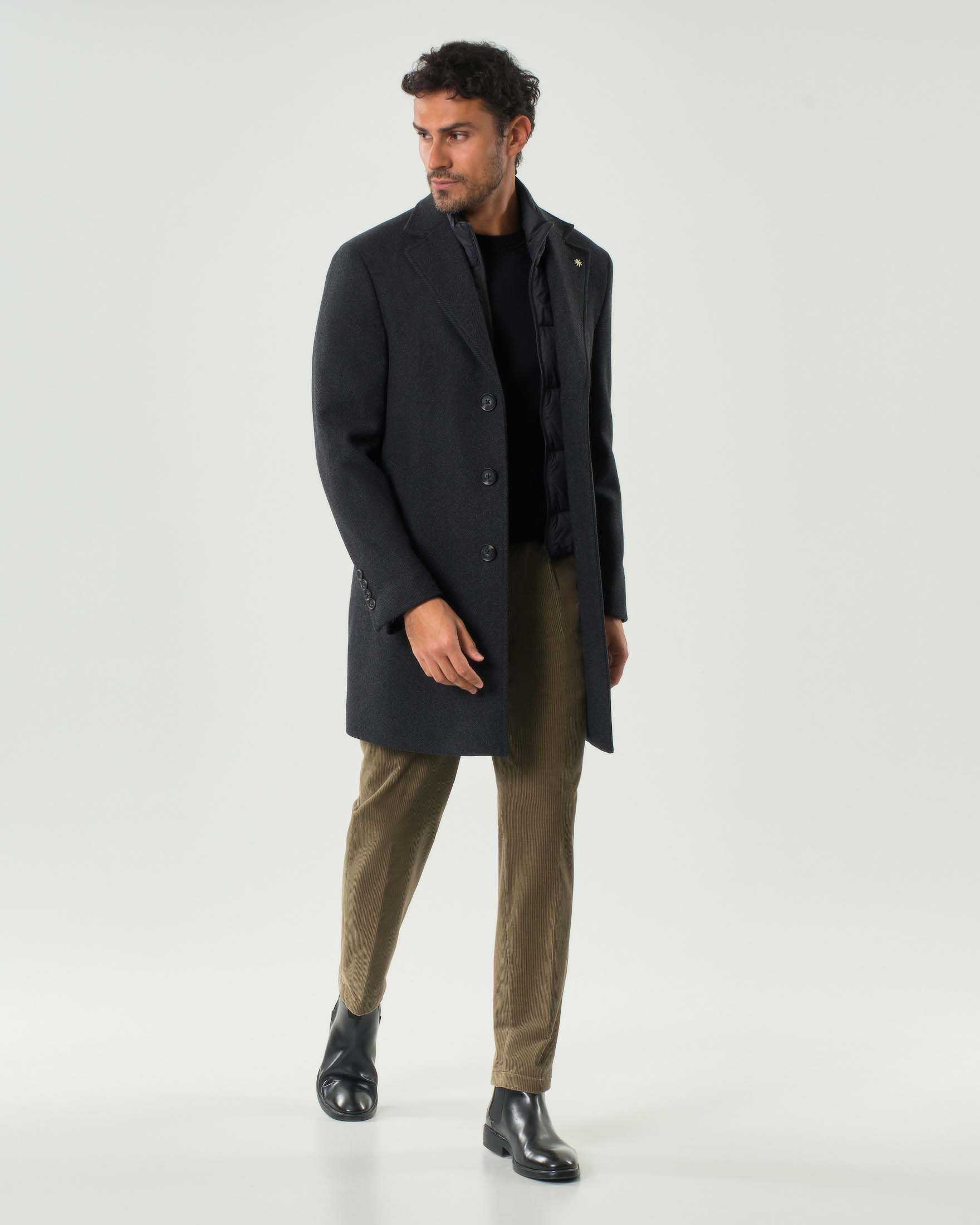 Cappotto Manuel Ritz antracite in panno di lana chevron con davantino staccabile