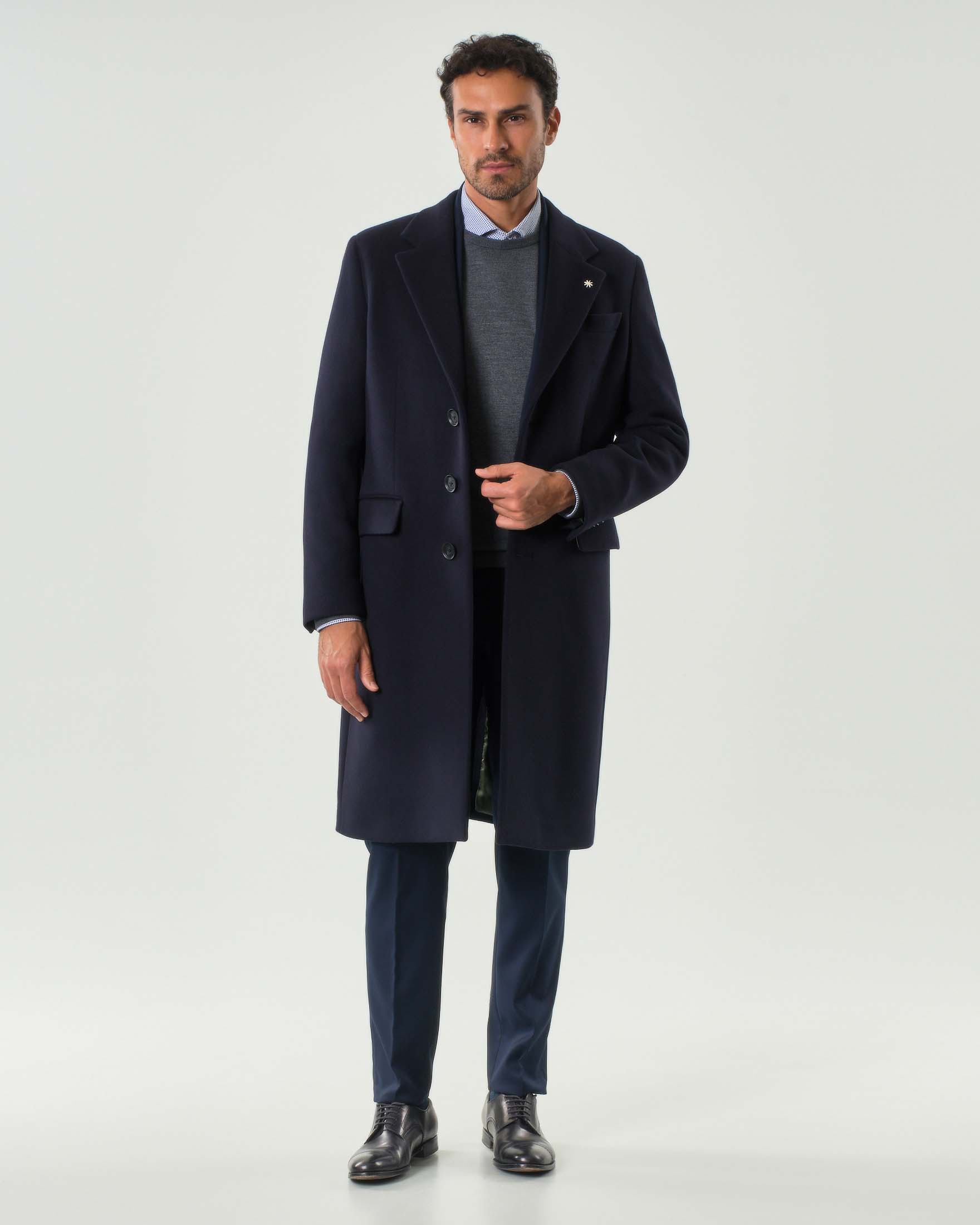 Cappotto lungo blu in panno di lana