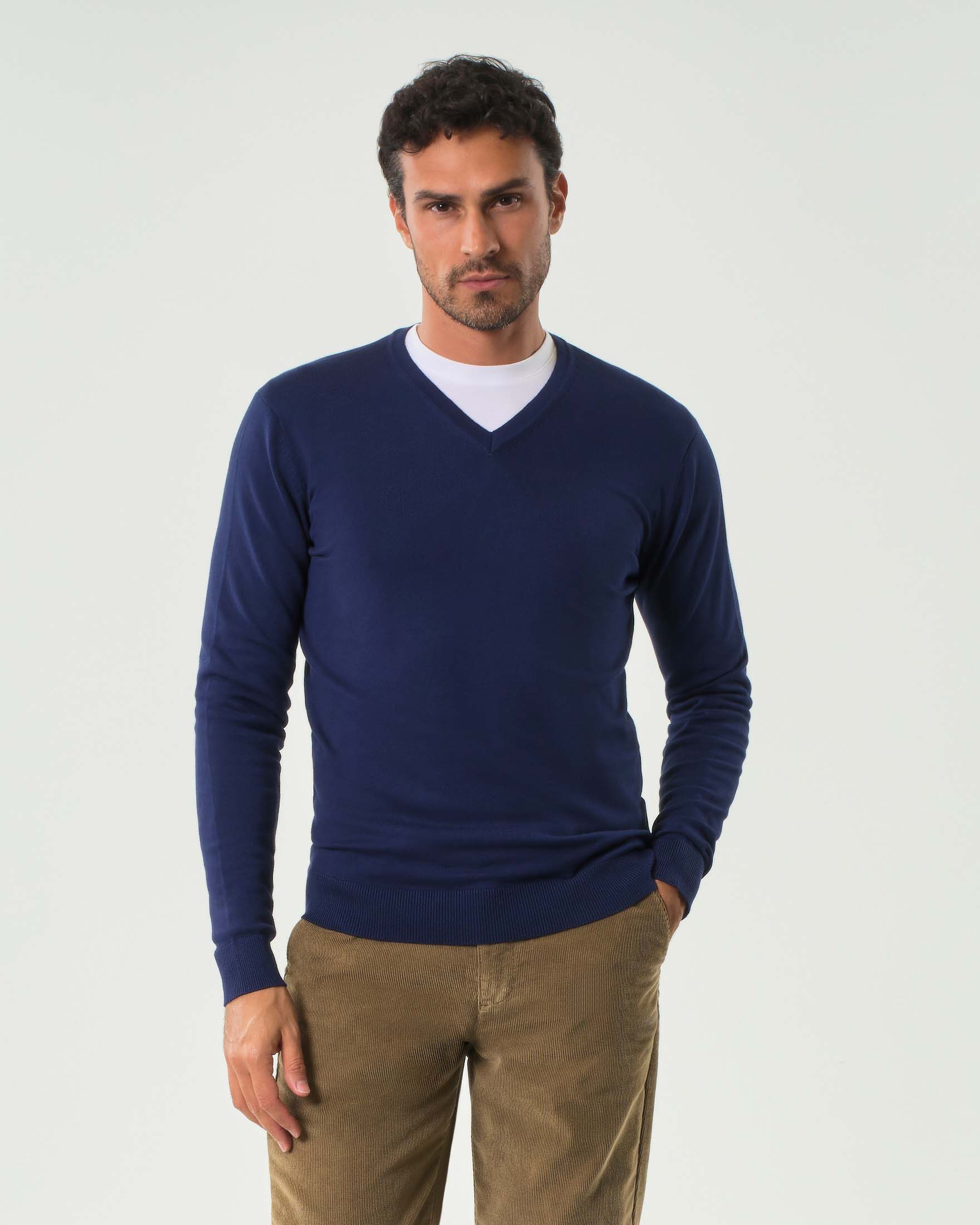 Maglia blu indaco scollo a V tinta unita