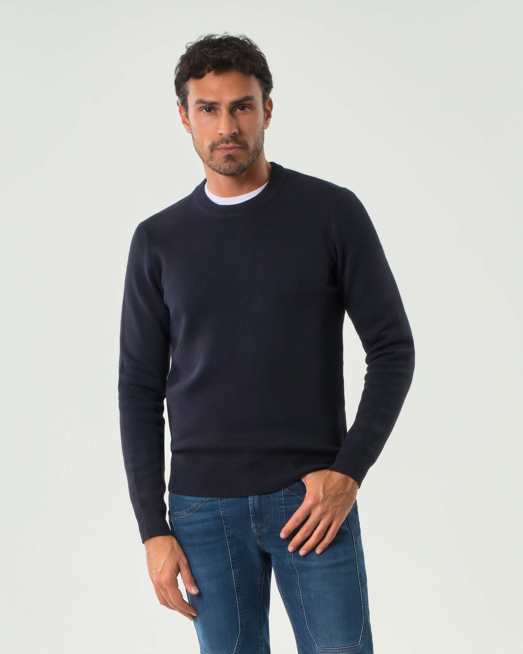 Maglia girocollo blu in misto lana mirco armatura