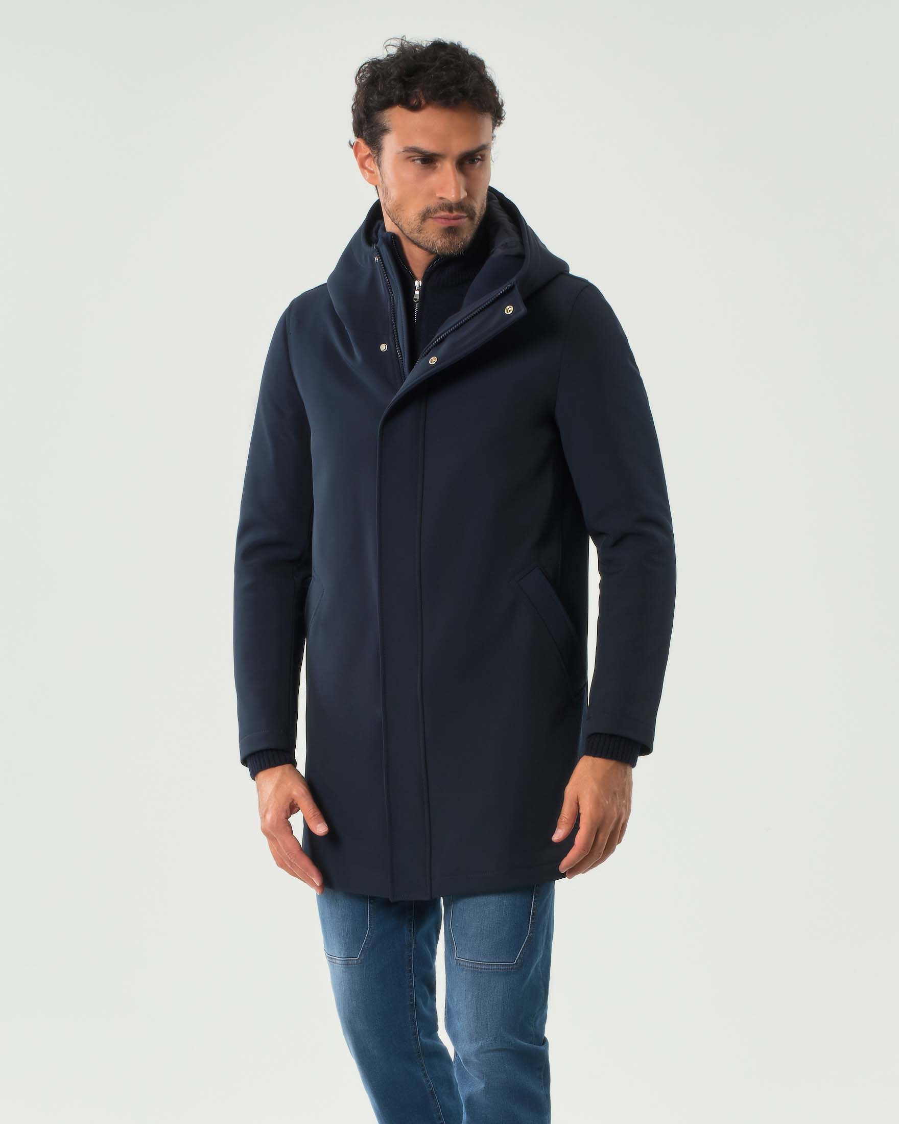 Cappotto Paul Baker blu in tessuto tecnico stretch con cappuccio image