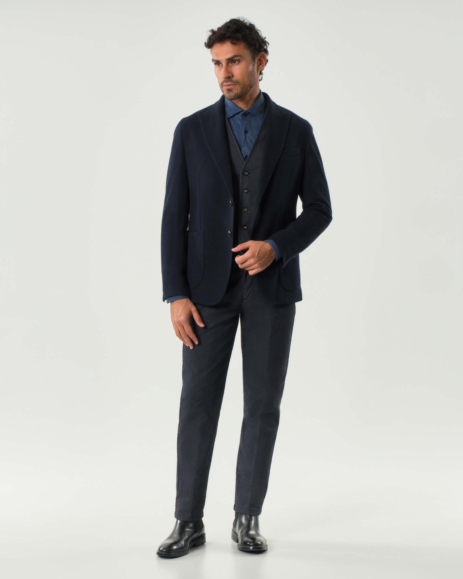 Blazer blu in jersey stretch micro armatura con rever a lancia