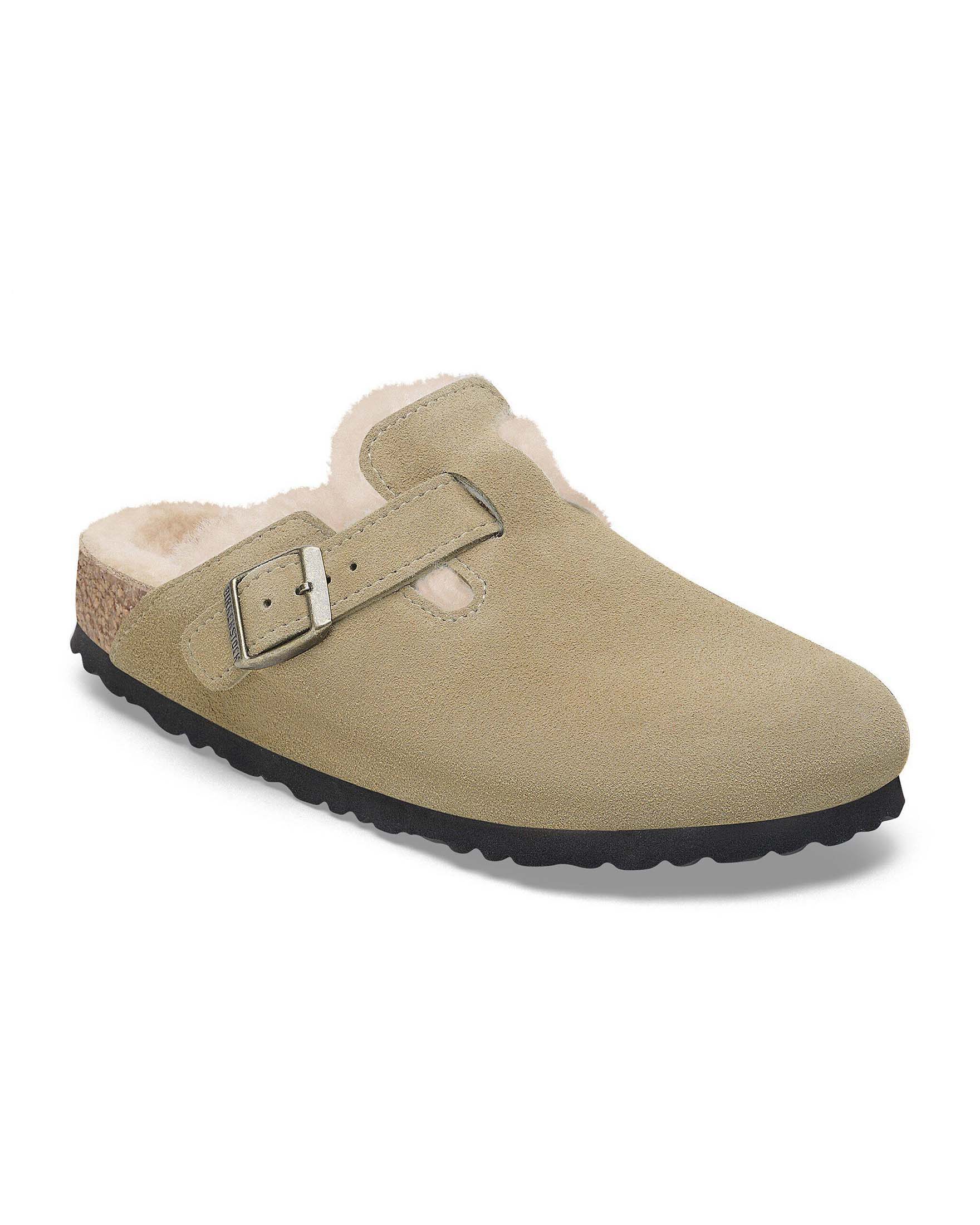 Sandalo Boston Birkenstock in pelle scamosciata color taupe con inserto in pelliccia di agnello