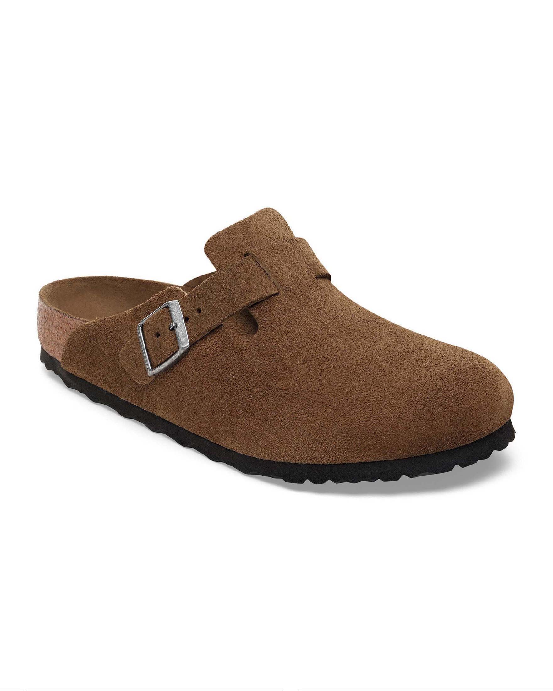 Sandalo Boston color nocciola Birkenstock in pelle scamosciata e plantare Soft Footbed