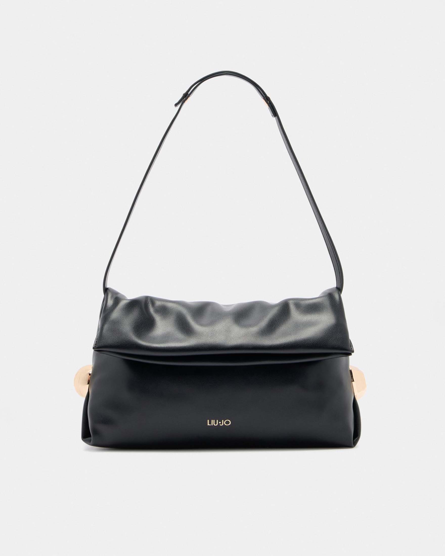 Borsa a spalla Liu Jo nera in similpelle con logo dorato applicato sul davanti