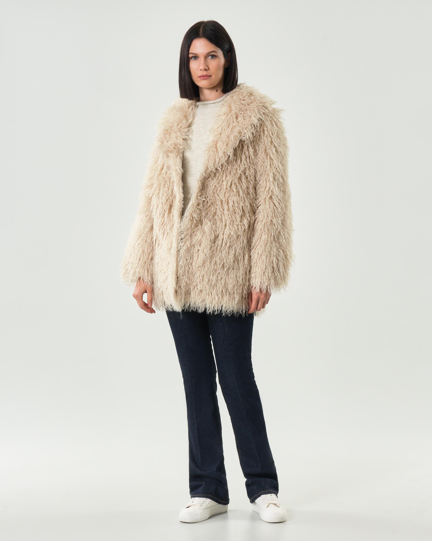 Ecopelliccia beige Hlo! in mongolia con scollo a rever