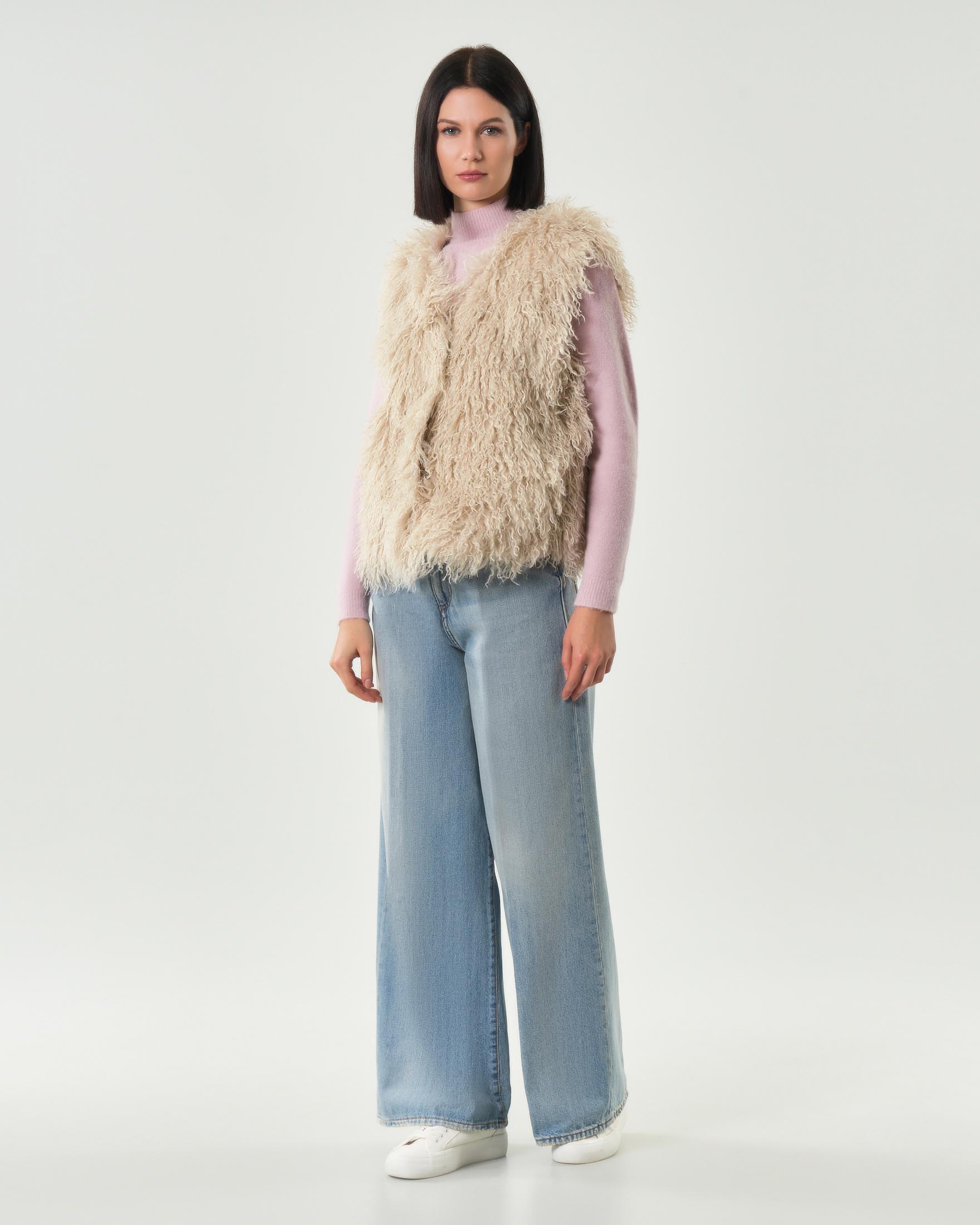 Gilet ecopelliccia beige Hlo! in mongolia con scollo a rever