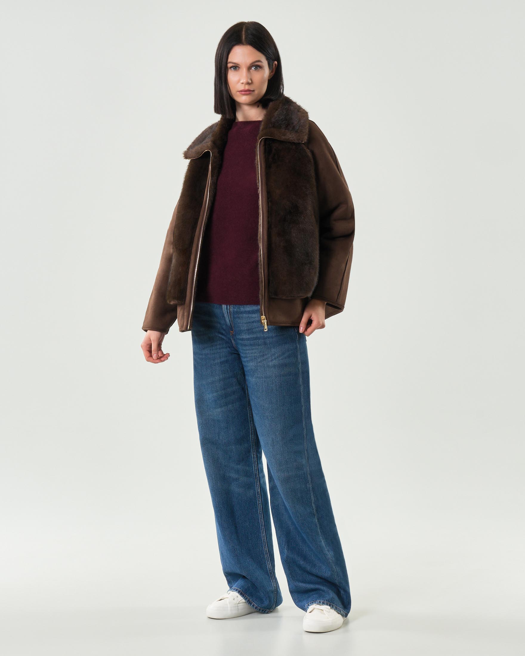 Bomber marrone effetto visone Hlo! reversibile con inserti in ecomontone con cappuccio