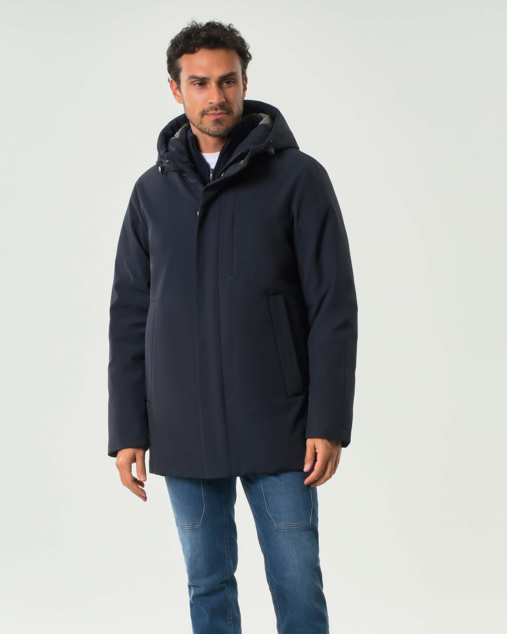 Parka Paul Baker blu con cappuccio in tessuto tecnico softshell con chiusura a cerniera nascosta