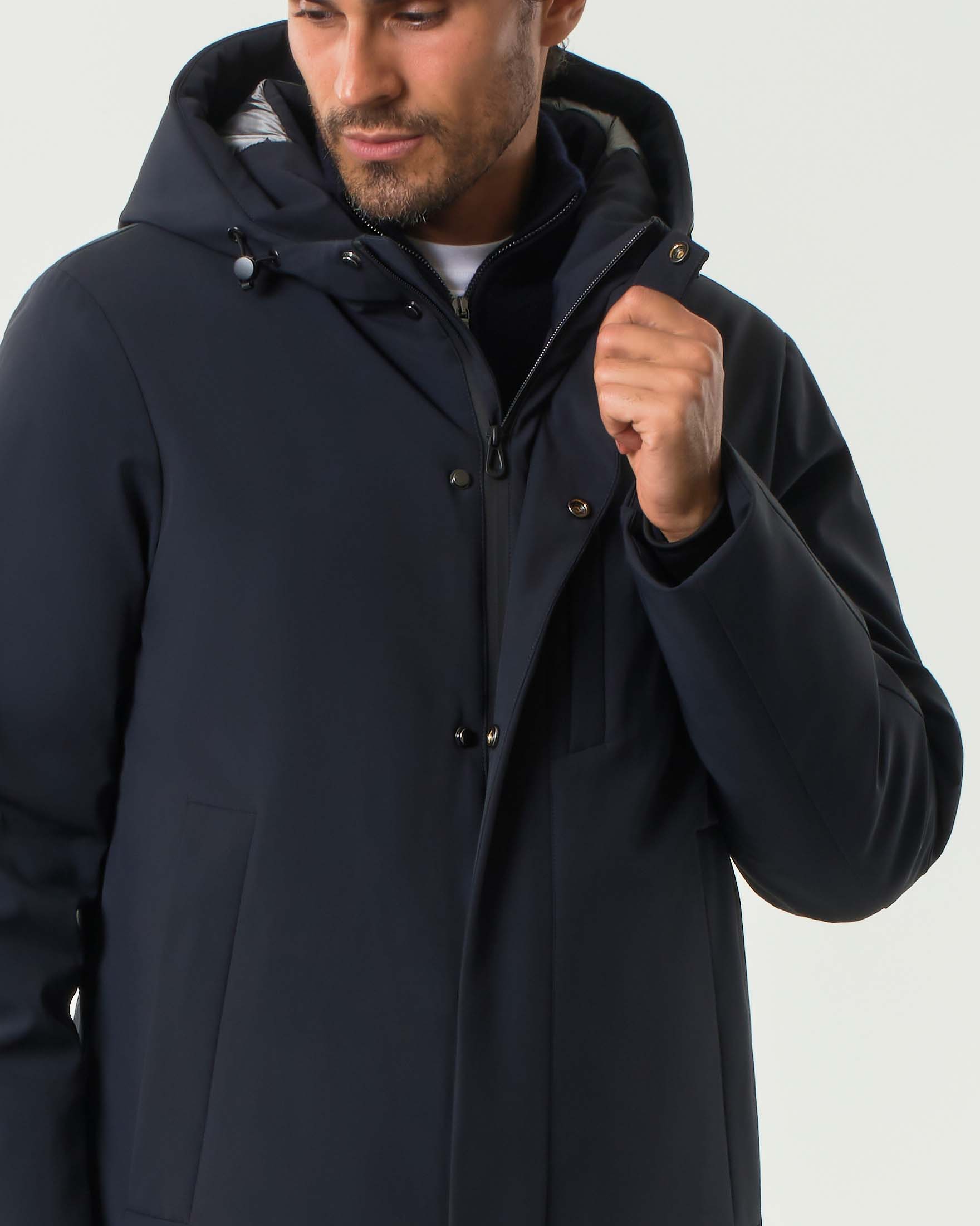 Parka Paul Baker blu con cappuccio in tessuto tecnico softshell con chiusura a cerniera nascosta