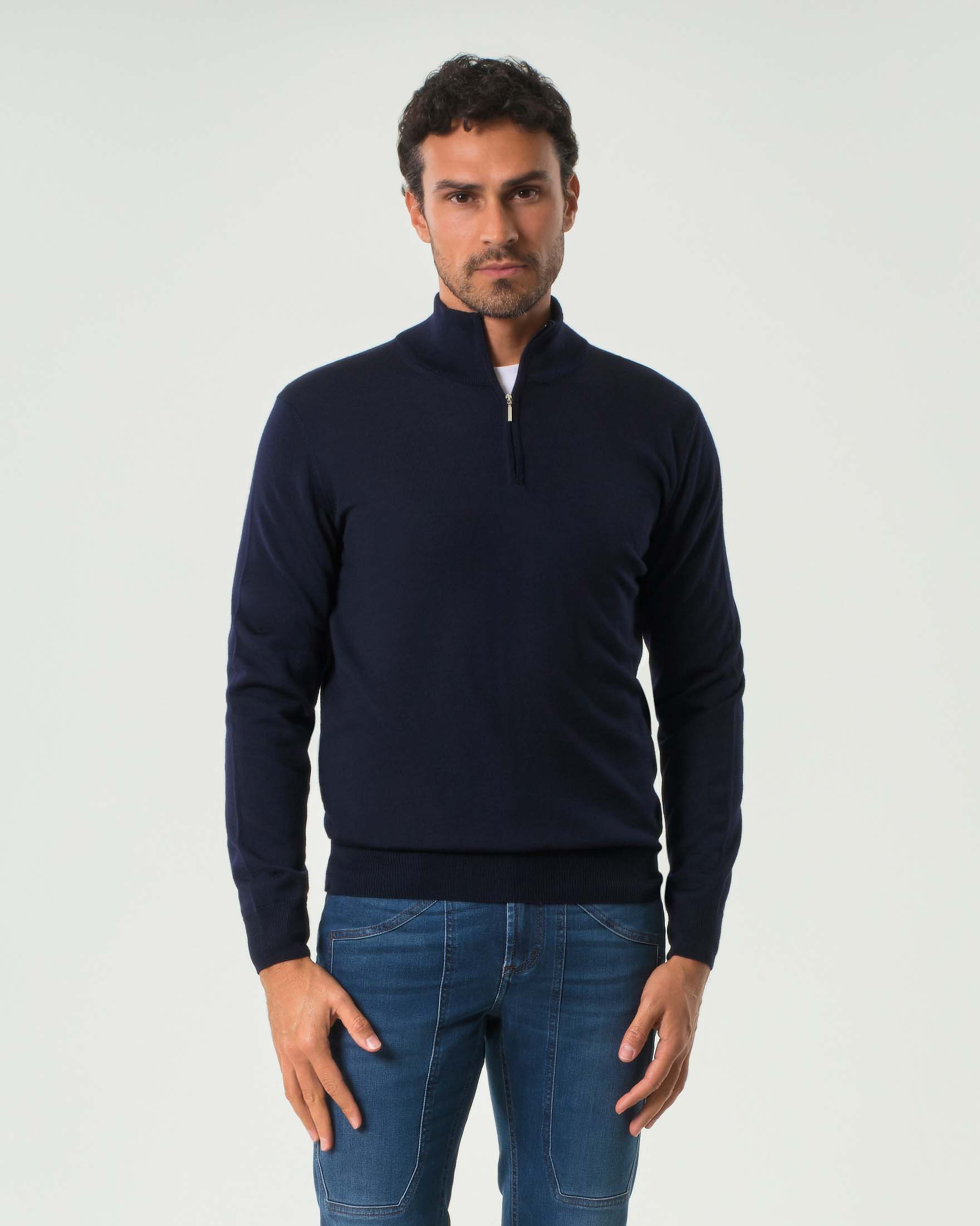 Maglia Rodolfo Pellizzari blu in pura lana con apertura a mezza zip