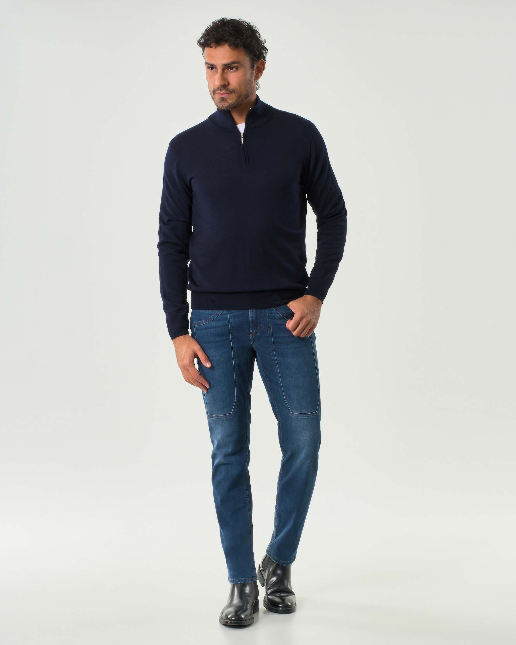 Maglia Rodolfo Pellizzari blu in pura lana con apertura a mezza zip image