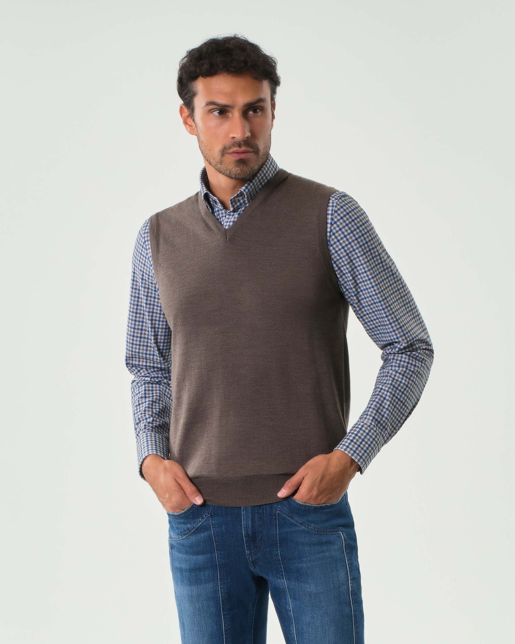 Gilet Pellizzari noce in pura lana merino con scollo a V