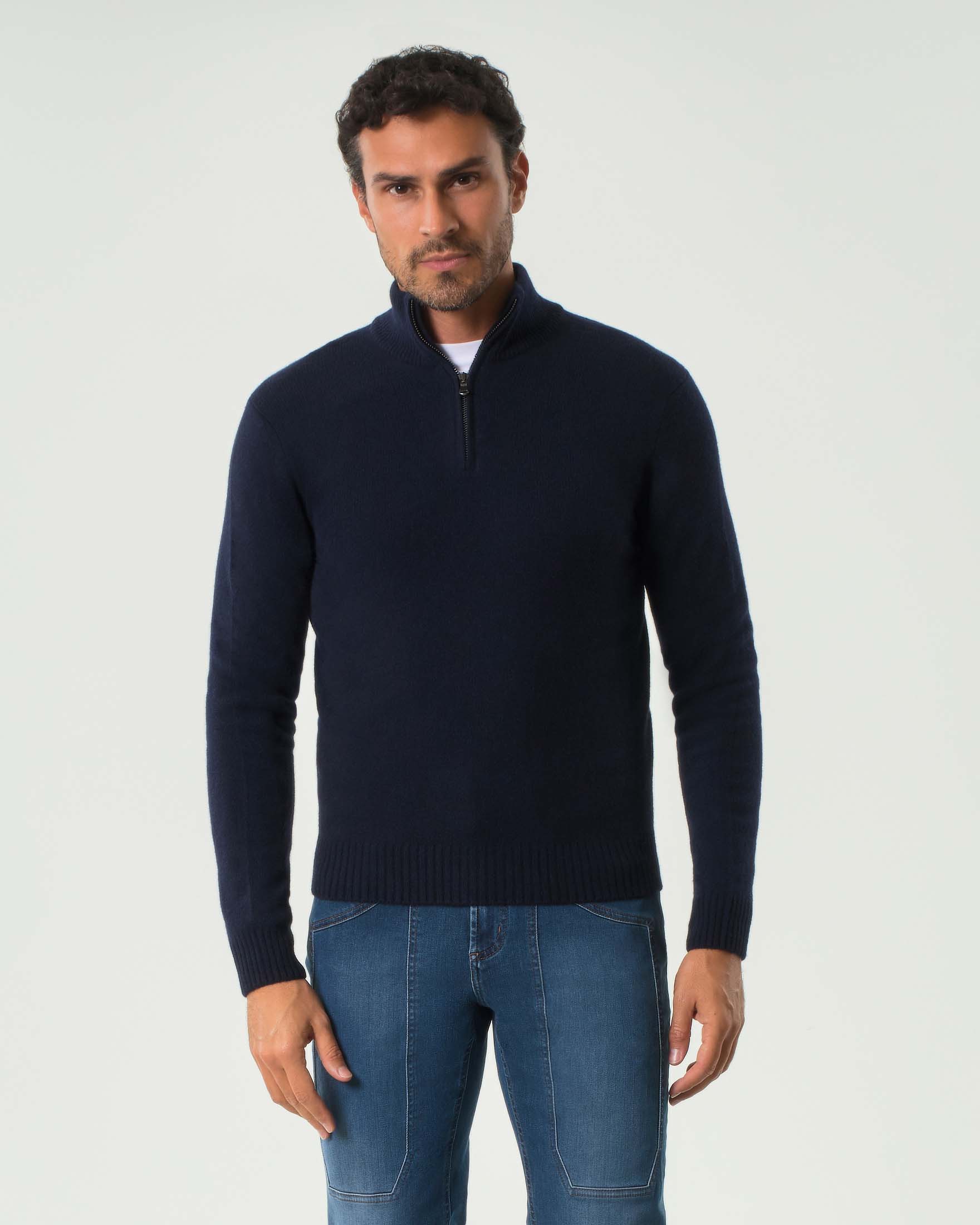 Maglia Pellizzari blu in misto lana e cachemire finezza 7 con apertura a mezza zip