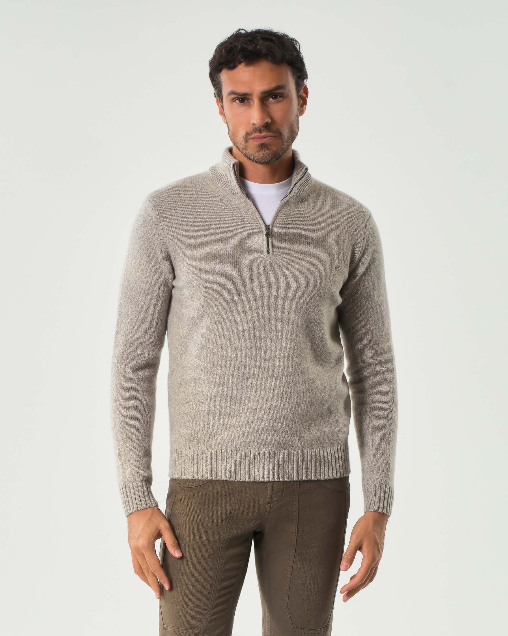 Maglia Pellizzari beige in misto lana e cachemire finezza 7 con apertura a mezza zip