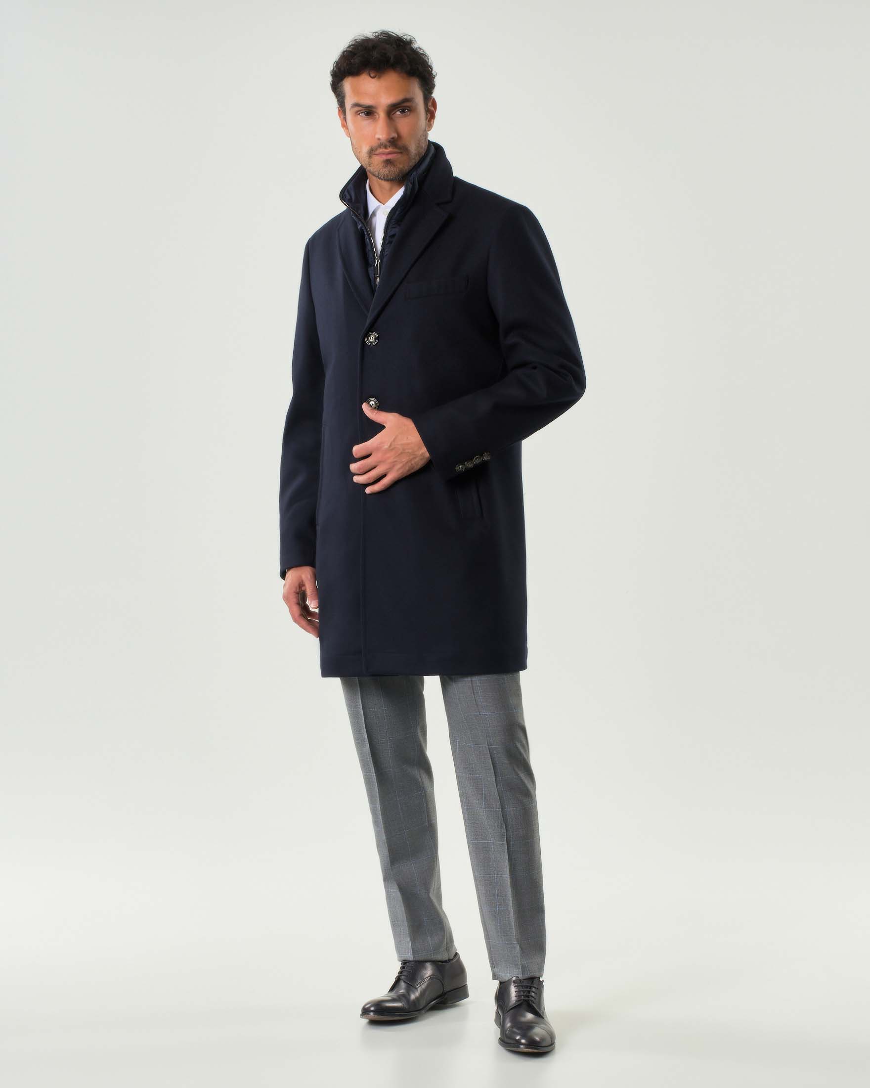 Cappotto Pellizzari blu in panno di lana e cashmere con davantino staccabile