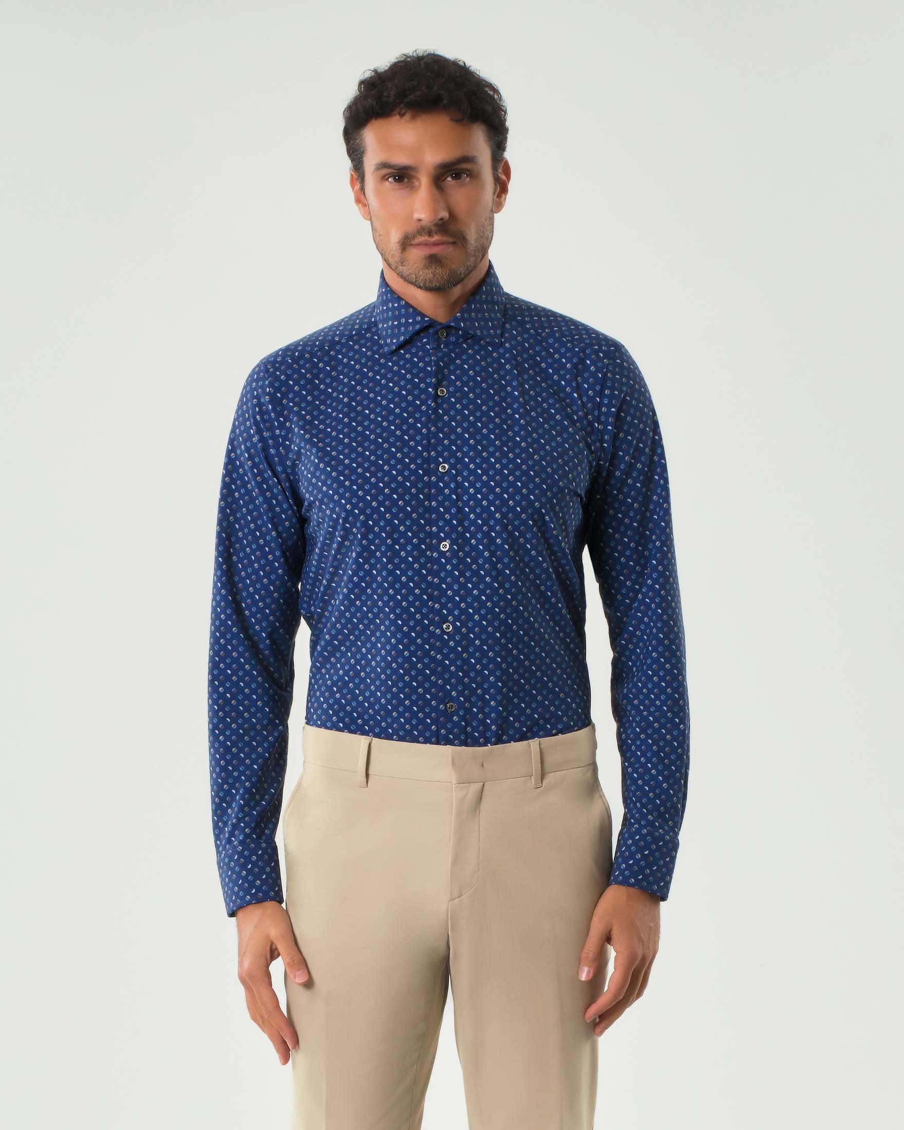 Rodolfo Pellizzari — Camicia Pellizzari blu royal micro fantasia stampata in tessuto tecnico stretch