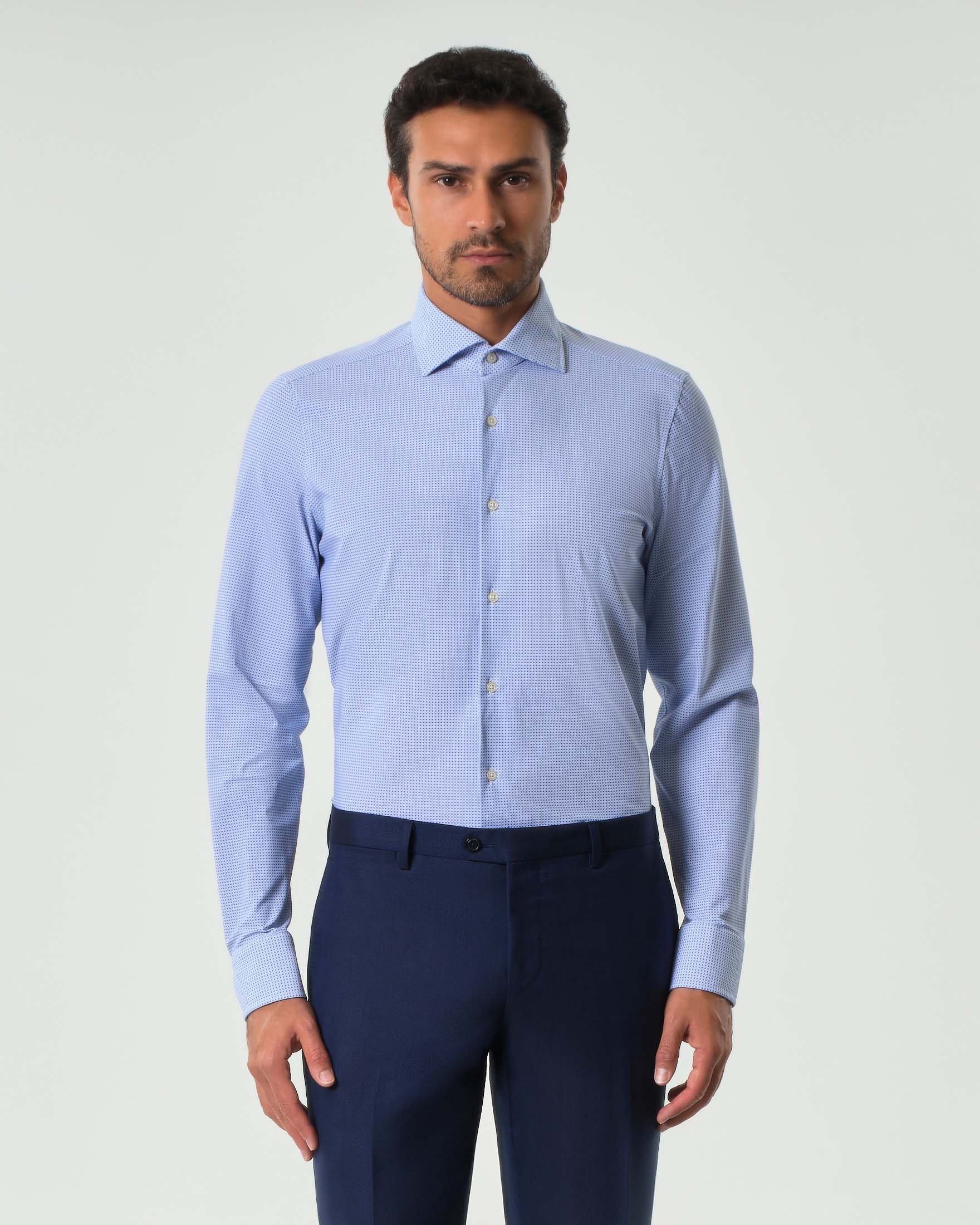 Camicia Pellizzari azzurra micro quadretto stampato in tessuto tecnico stretch