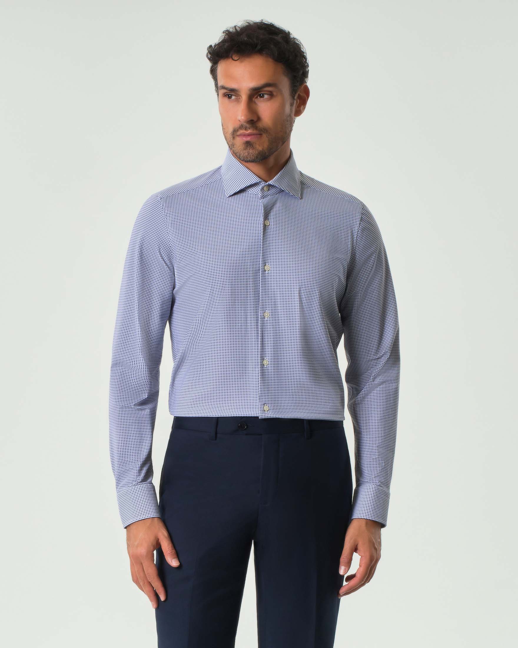 Camicia Pellizzari blu micro quadretto stampato in tessuto tecnico stretch