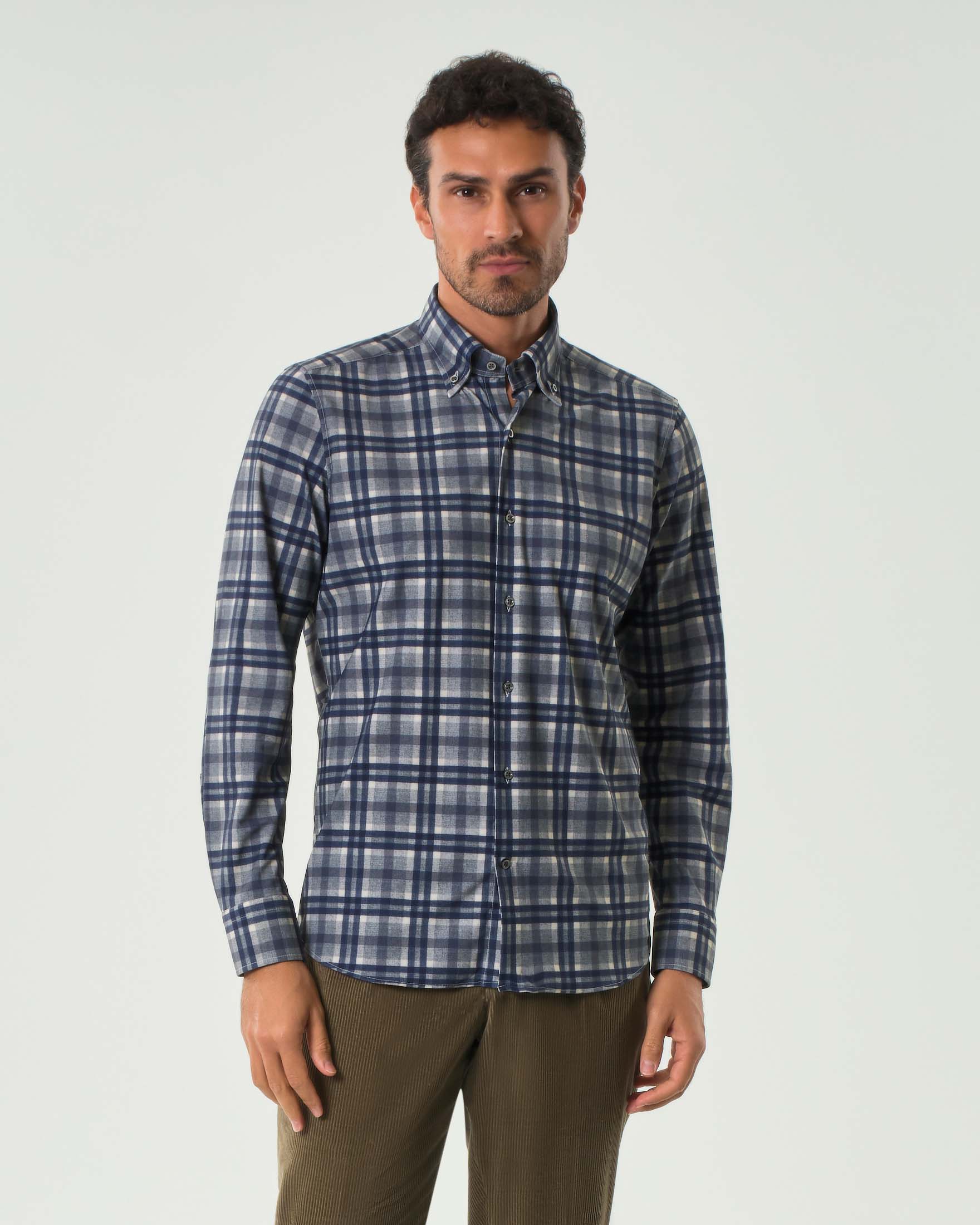 Rodolfo Pellizzari — Camicia Pellizzari in tessuto tecnico stretch a fantasia check blu e grigia con colletto button down