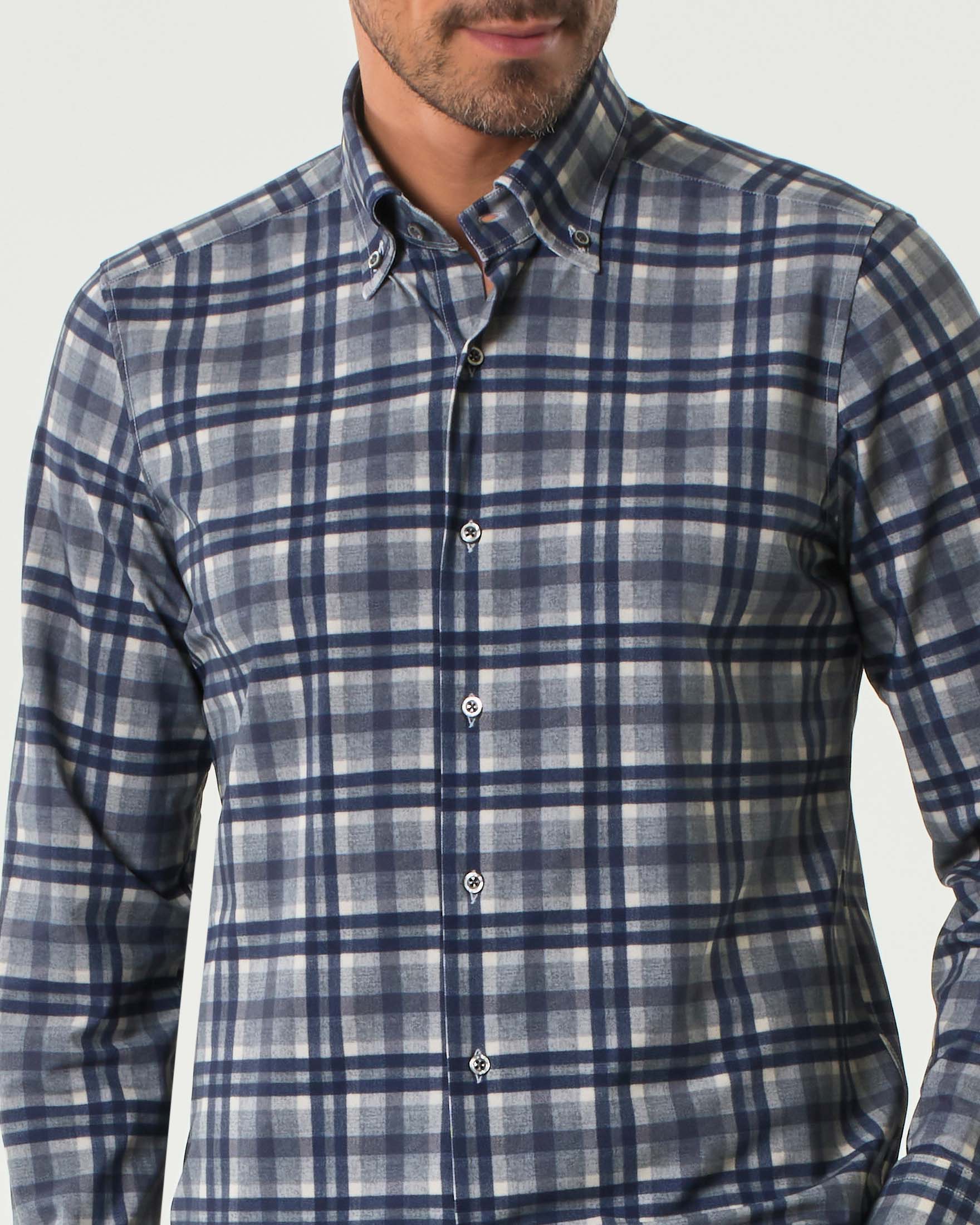 Camicia Pellizzari in tessuto tecnico stretch a fantasia check blu e grigia con colletto button down image