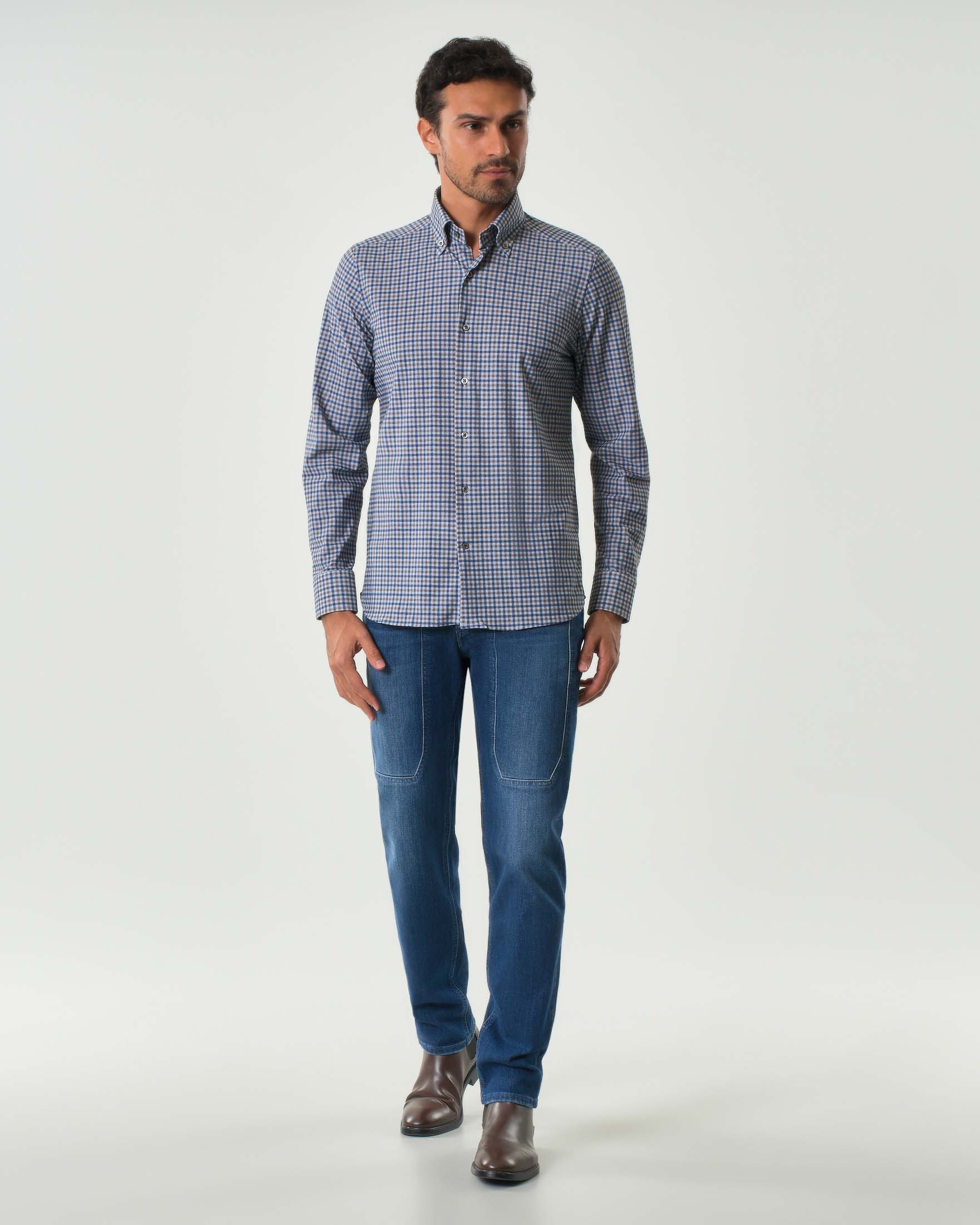 Camicia Pellizzari in tessuto tecnico stretch a fantasia quadretto blu e noce con colletto button down