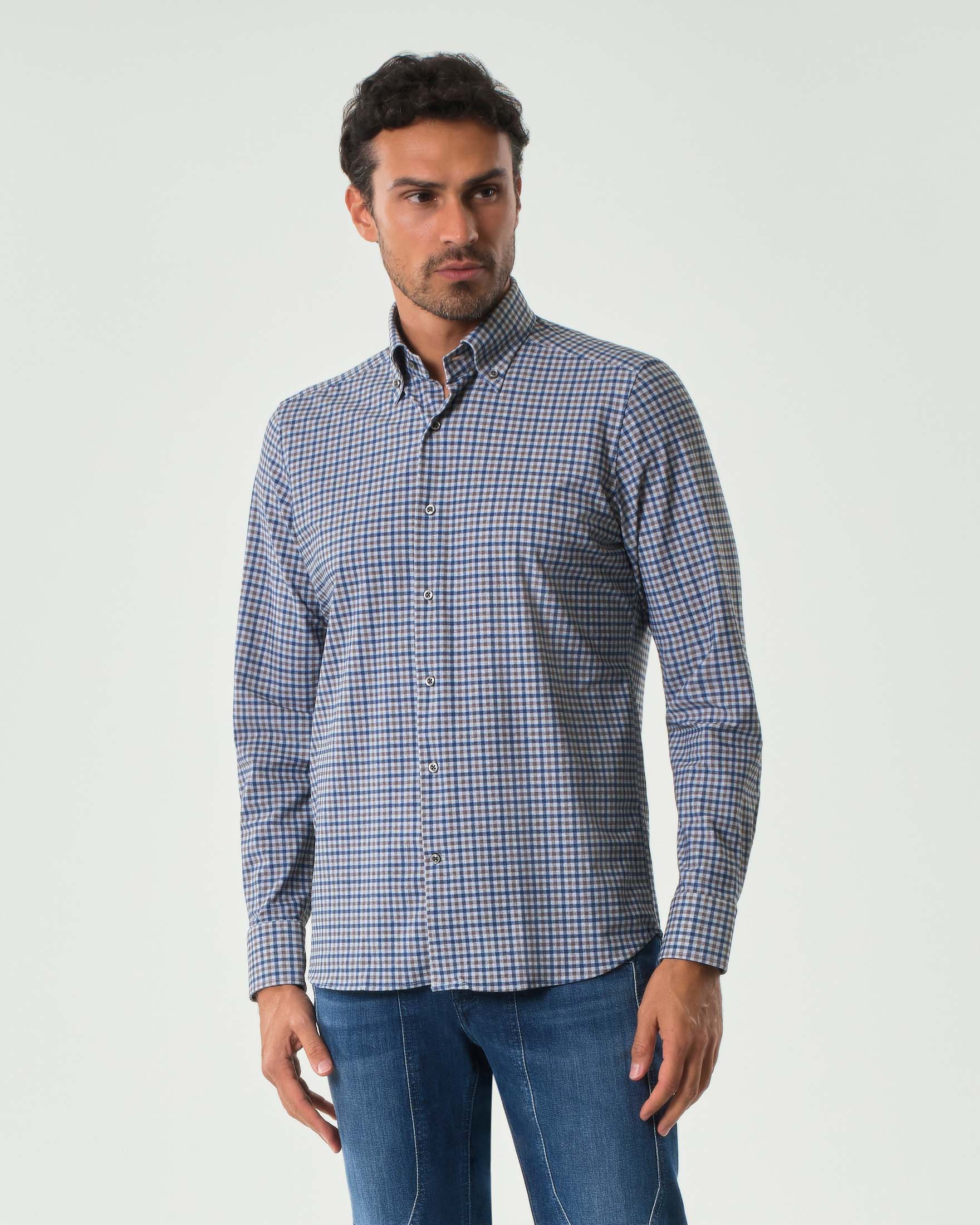Camicia Pellizzari in tessuto tecnico stretch a fantasia quadretto blu e noce con colletto button down image