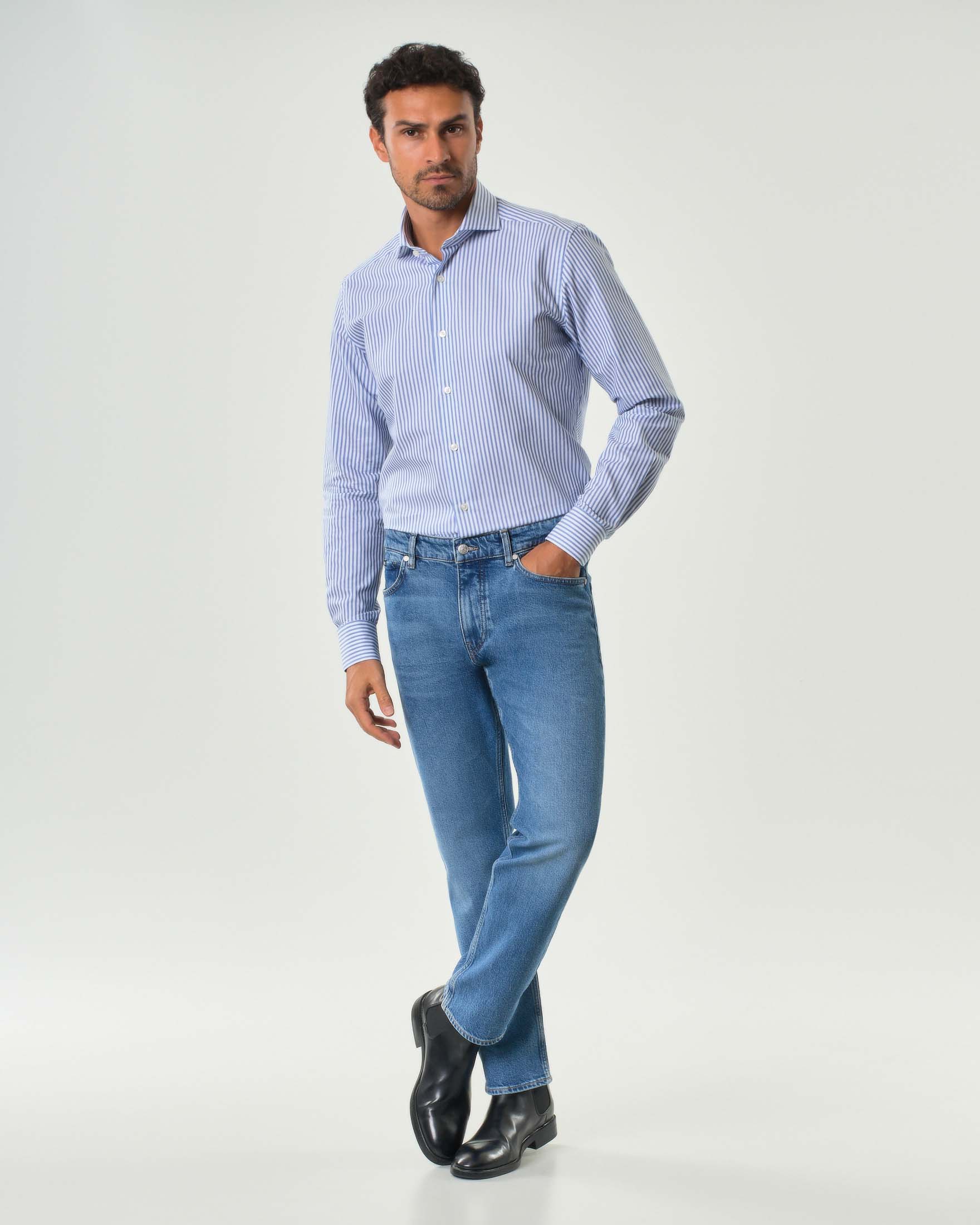 Camicia bastoncino bianco e celeste in puro cotone tailor-fit