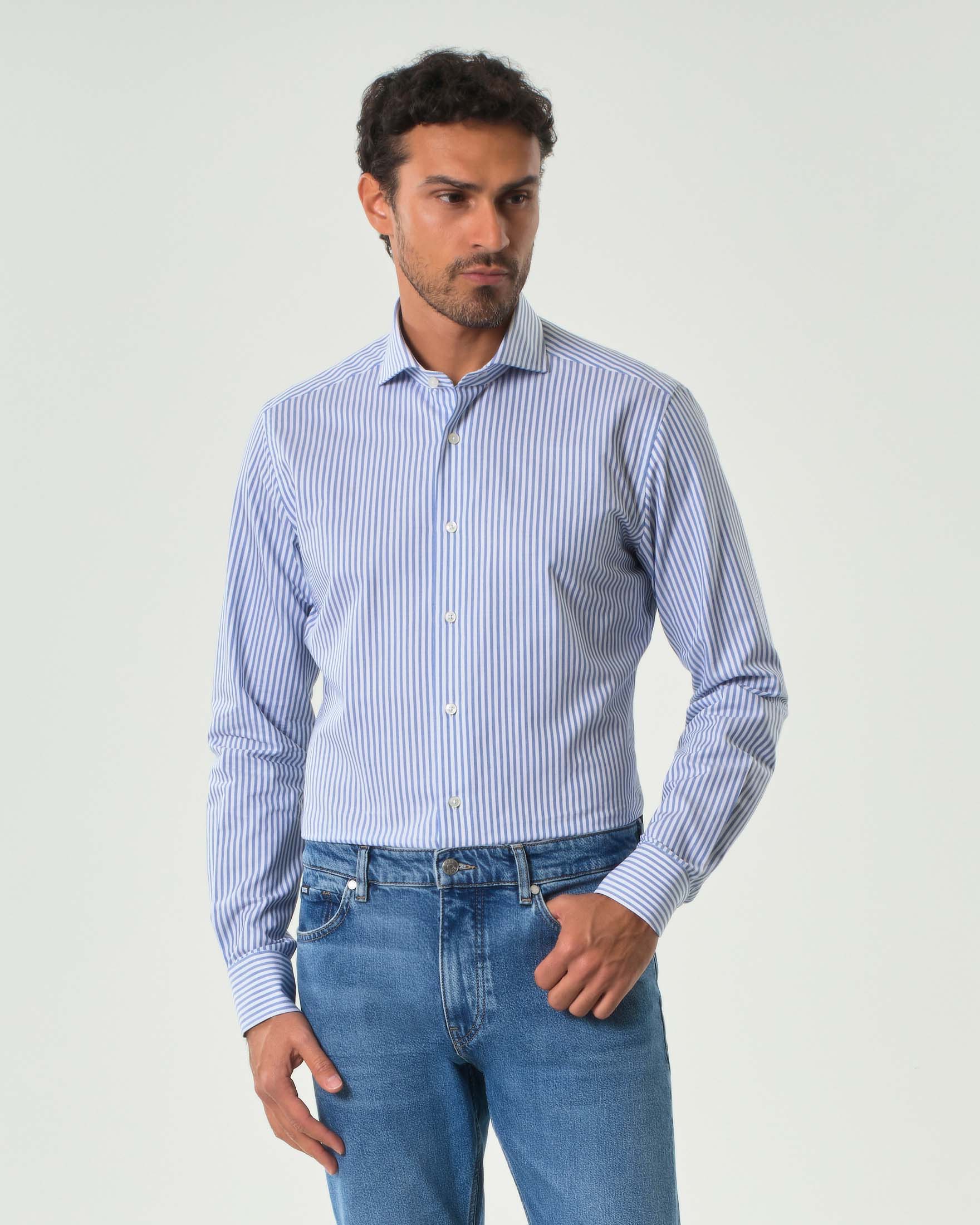 Camicia Xacus bastoncino bianco e celeste in puro cotone tailor-fit image