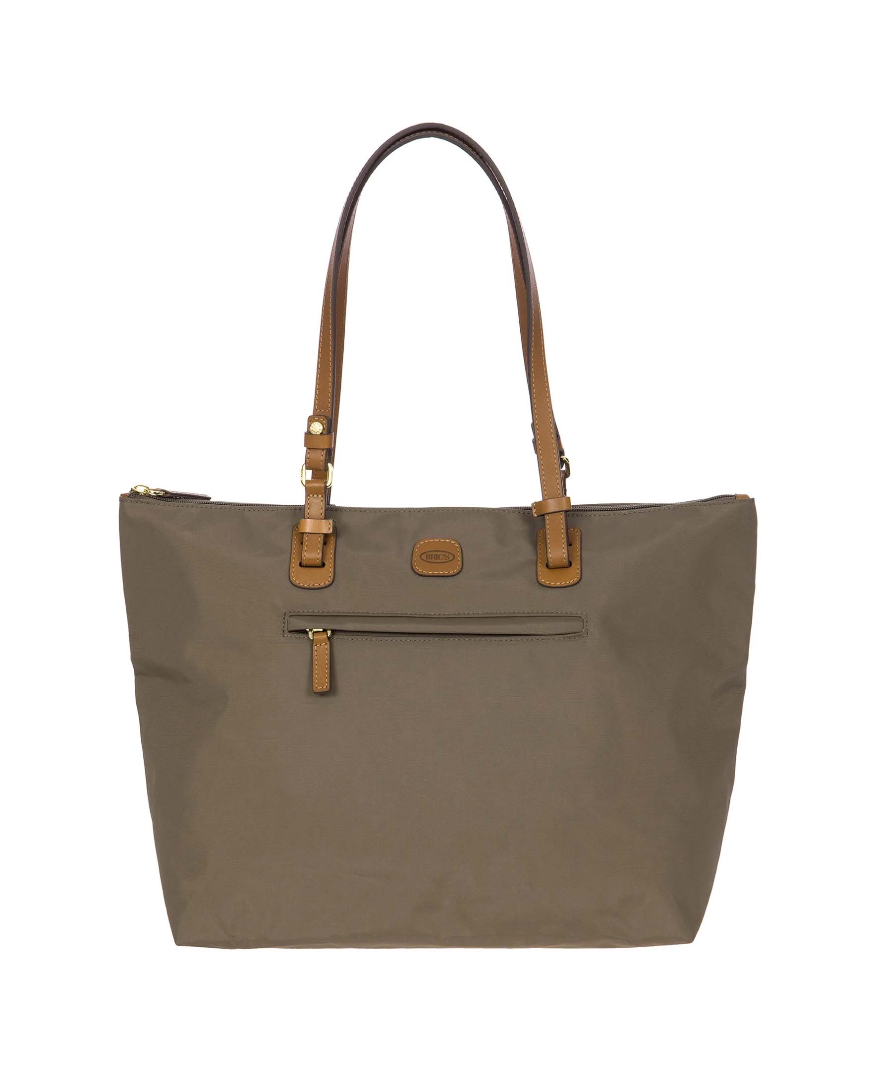 Shopping bag grande color fango Bric's in nylon con manici in pelle color cuoio