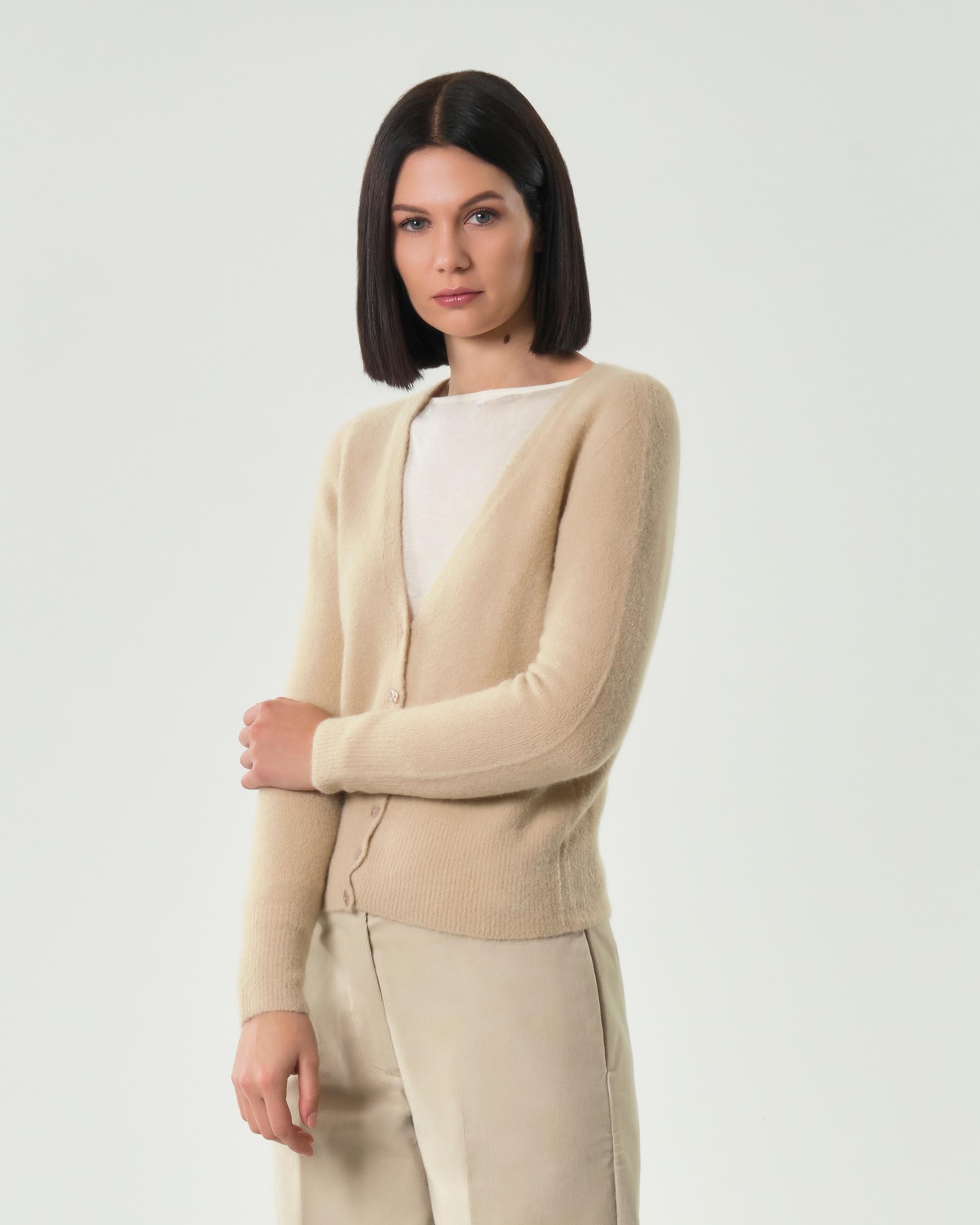 Cardigan beige Hlo! in misto alpaca e lana effetto soft con scollo a V