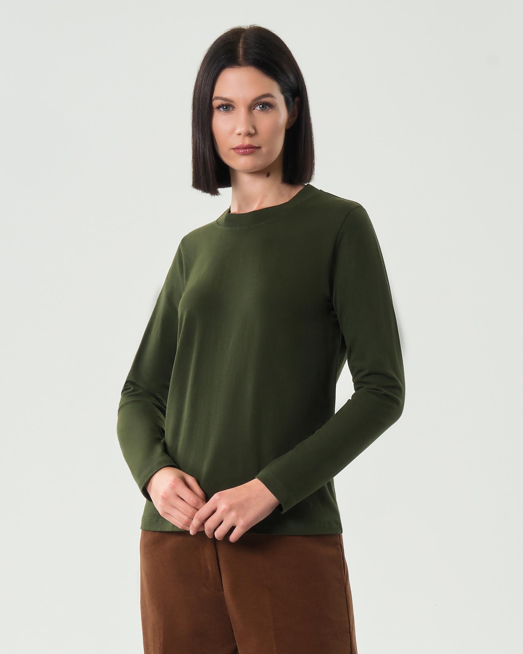 Maglia verde manica lunga in cotone stretch a scollo tondo