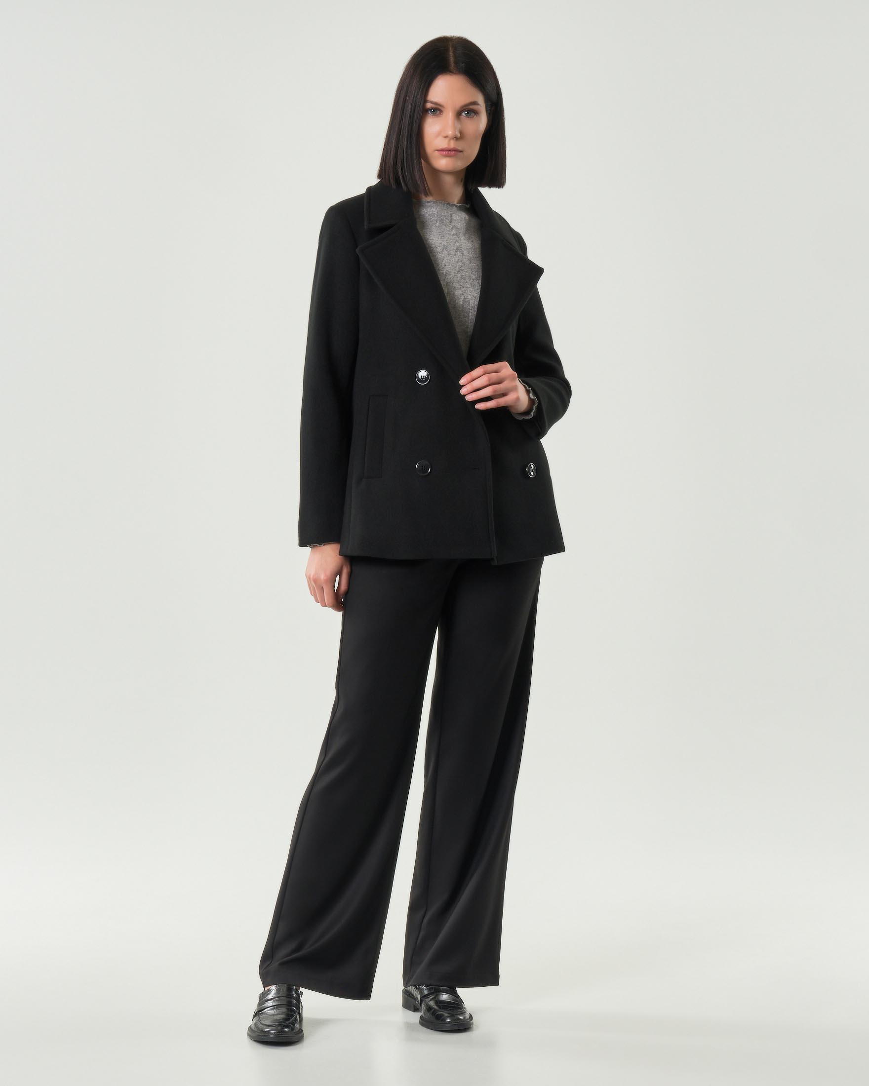 Caban nero Hlo! in panno dalla linea sfiancata con scollo a rever