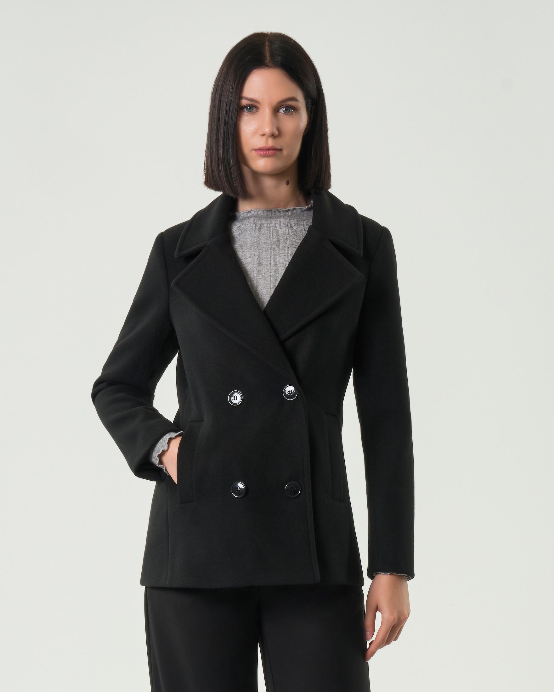 Caban nero Hlo! in panno dalla linea sfiancata con scollo a rever image