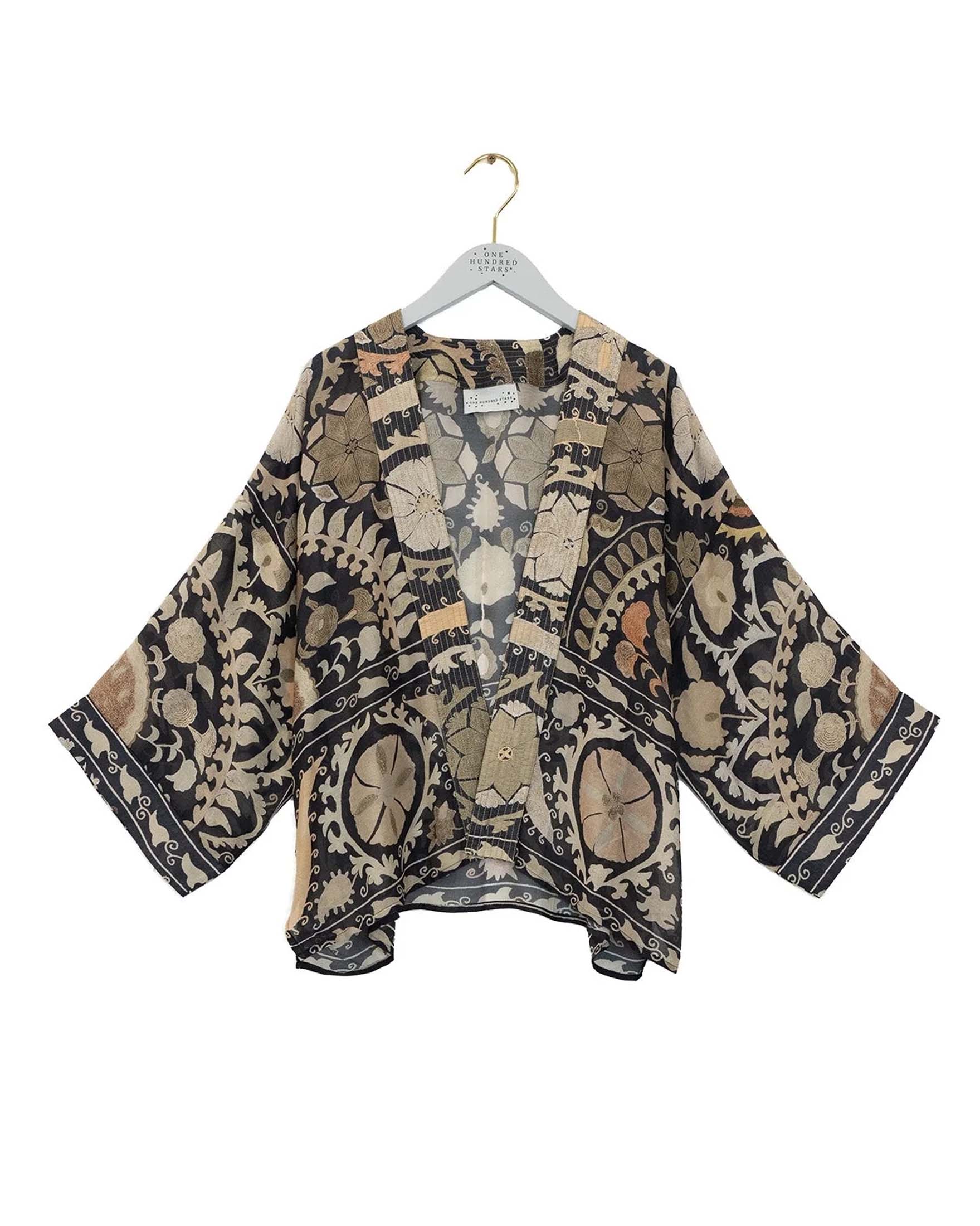 Kimono corto blu One Hundred Stars in modal e cupro a fantasia fiori beige