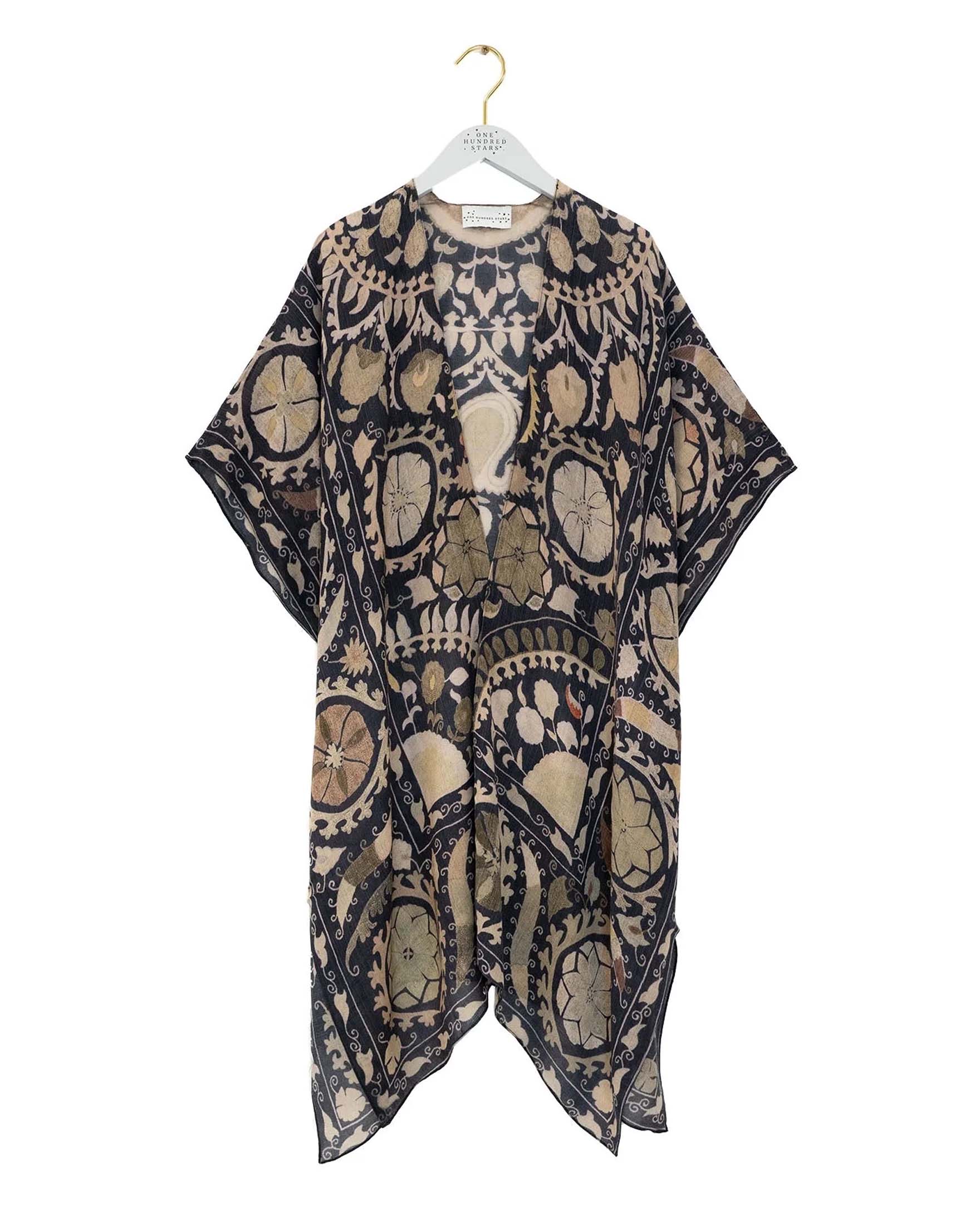 Kimono lungo blu One Hundred Stars a fantasia fiori beige in pura lana con maniche a tre quarti e spacchi laterali