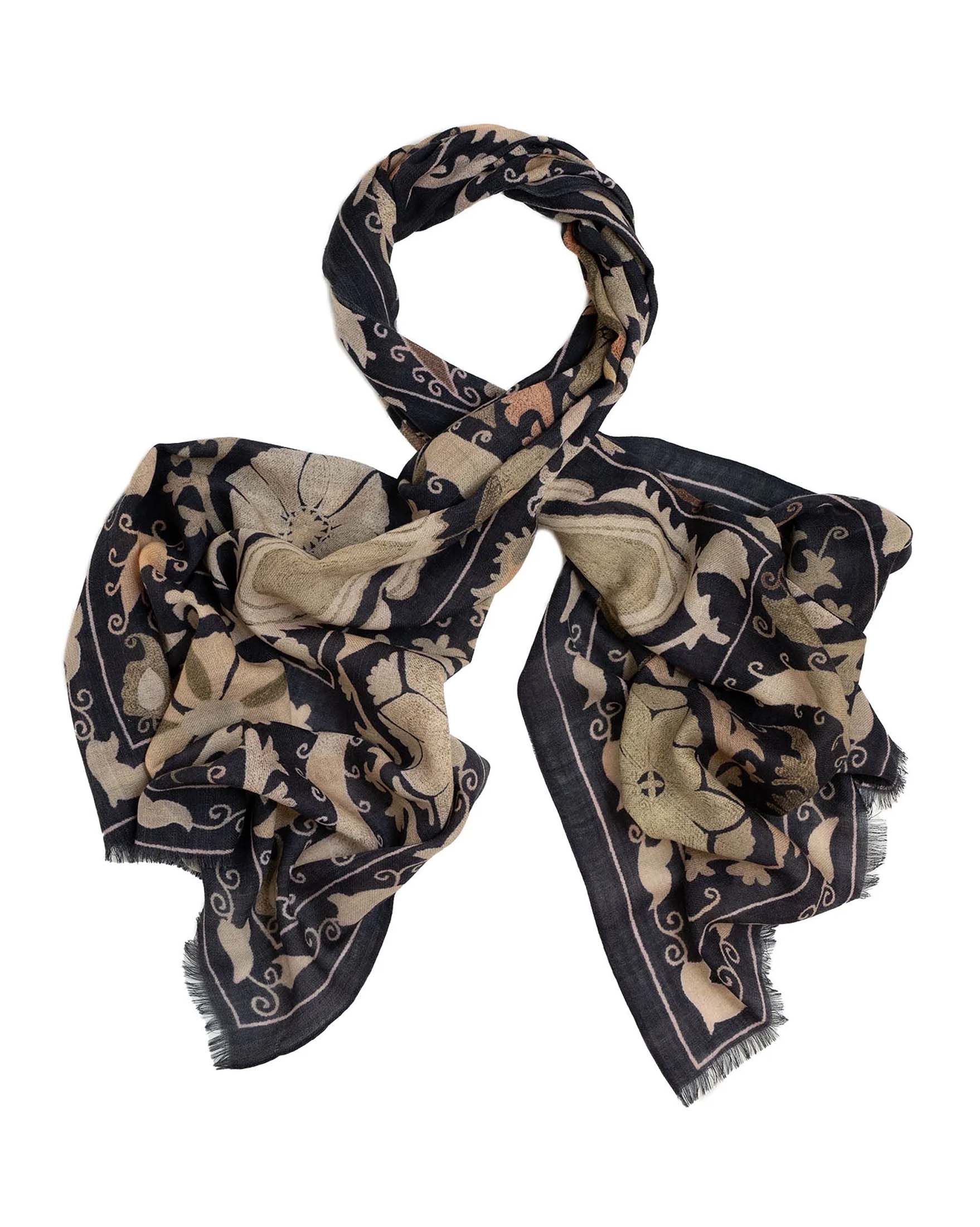 Sciarpa blu e beige One Hundred Stars in pura lana a motivo fiori beige