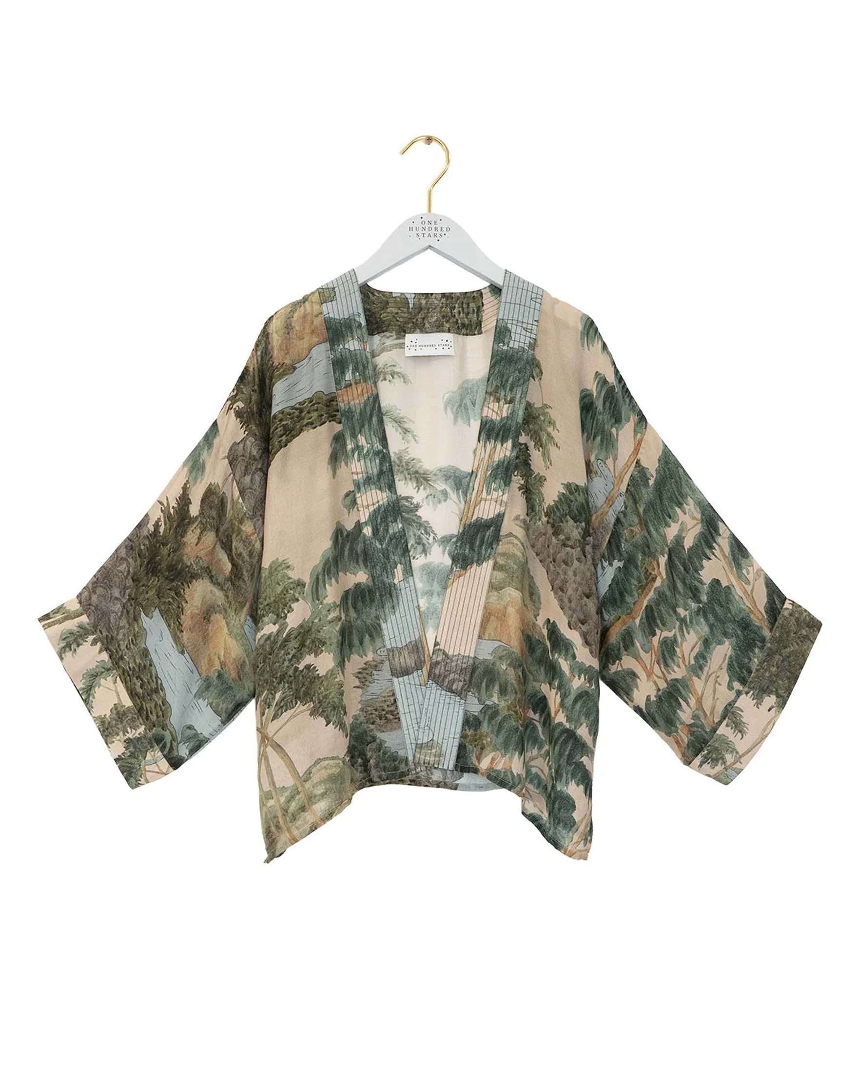 Kimono corto beige One Hundred Stars in modal e cupro a fantasia paesaggio alberato