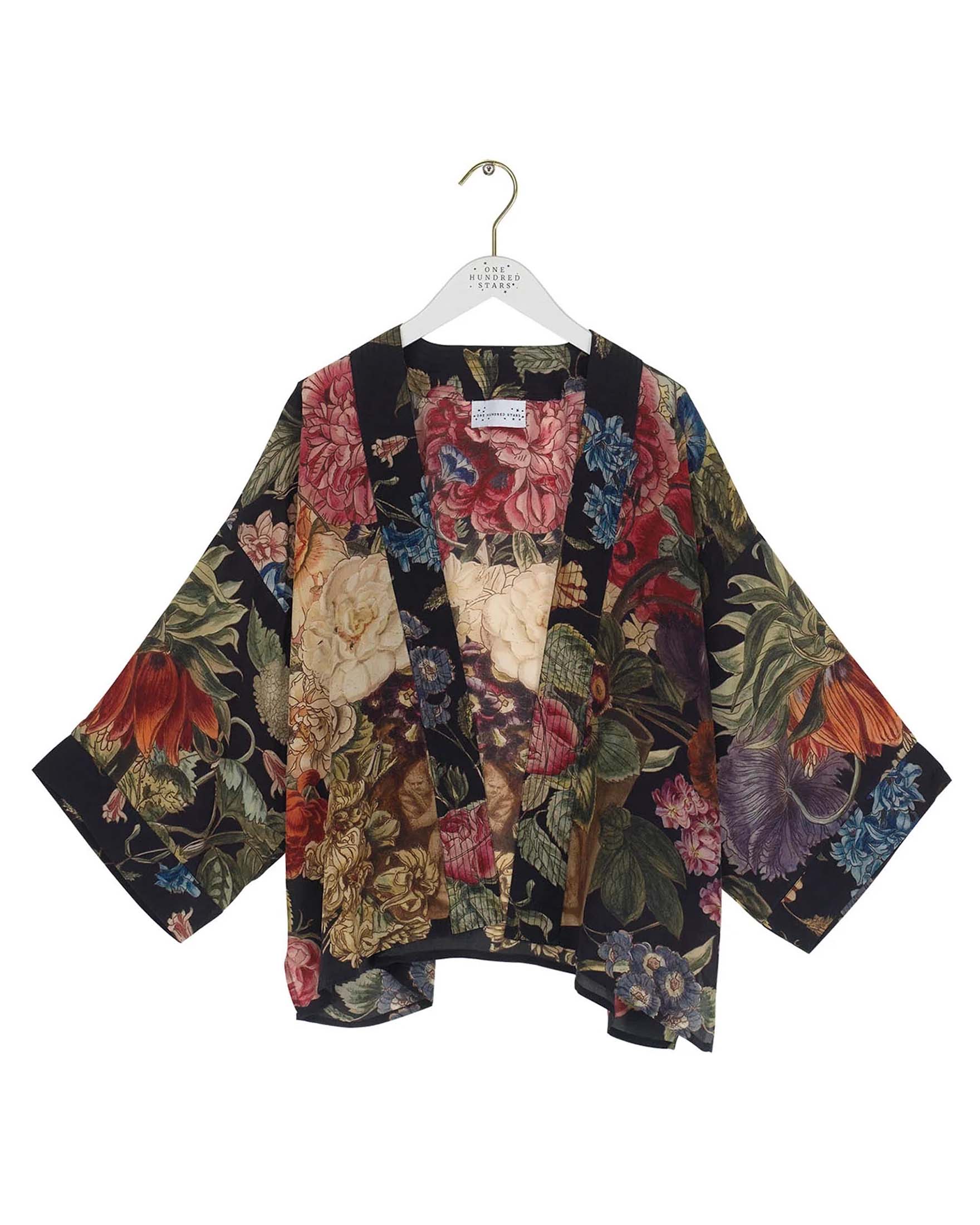 Kimono corto nero One Hundred Stars in modal e cupro a fantasia fiori multicolore