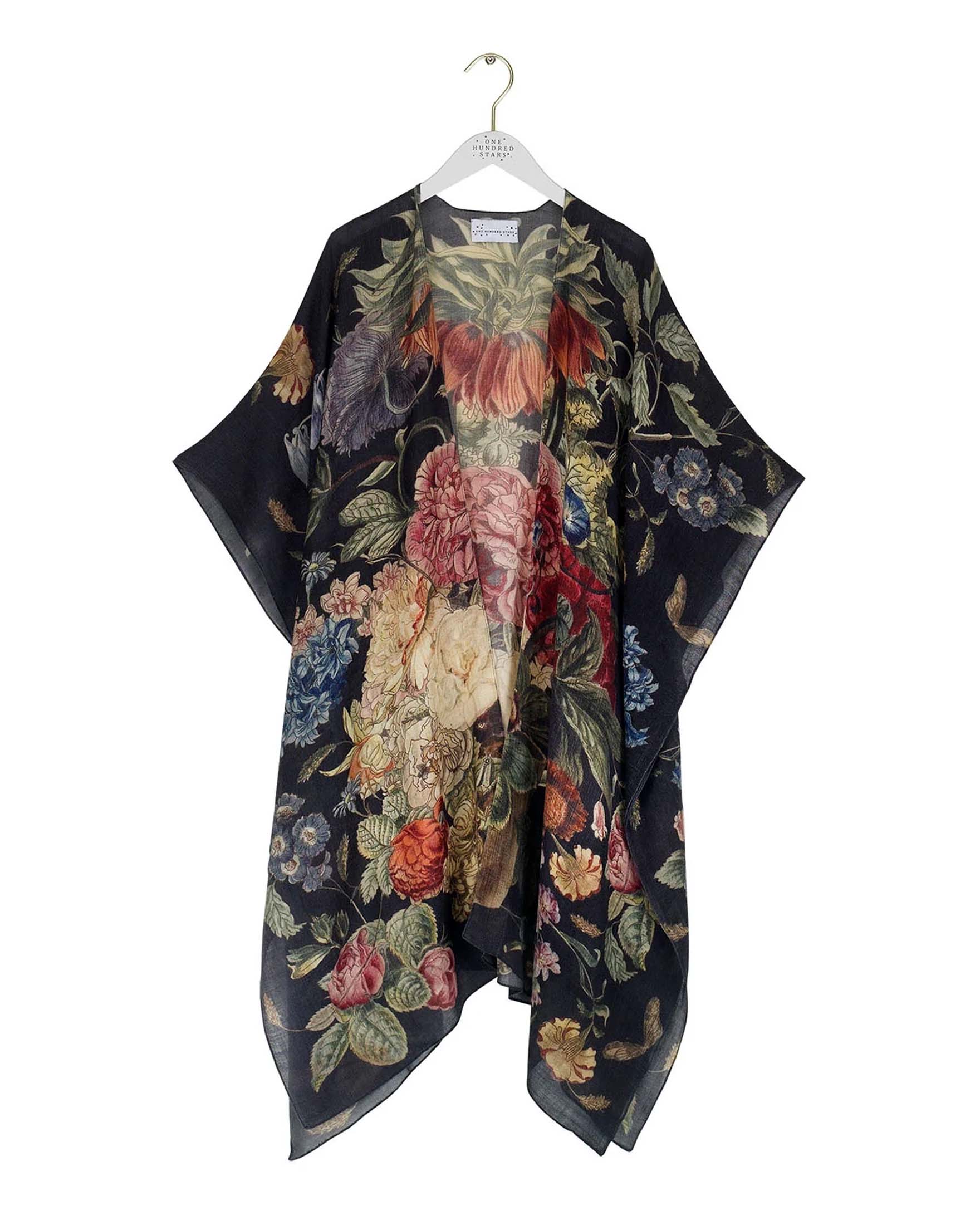 Kimono lungo nero One Hundred Stars a fantasia fiori multicolore in pura lana con maniche a tre quarti e spacchi laterali