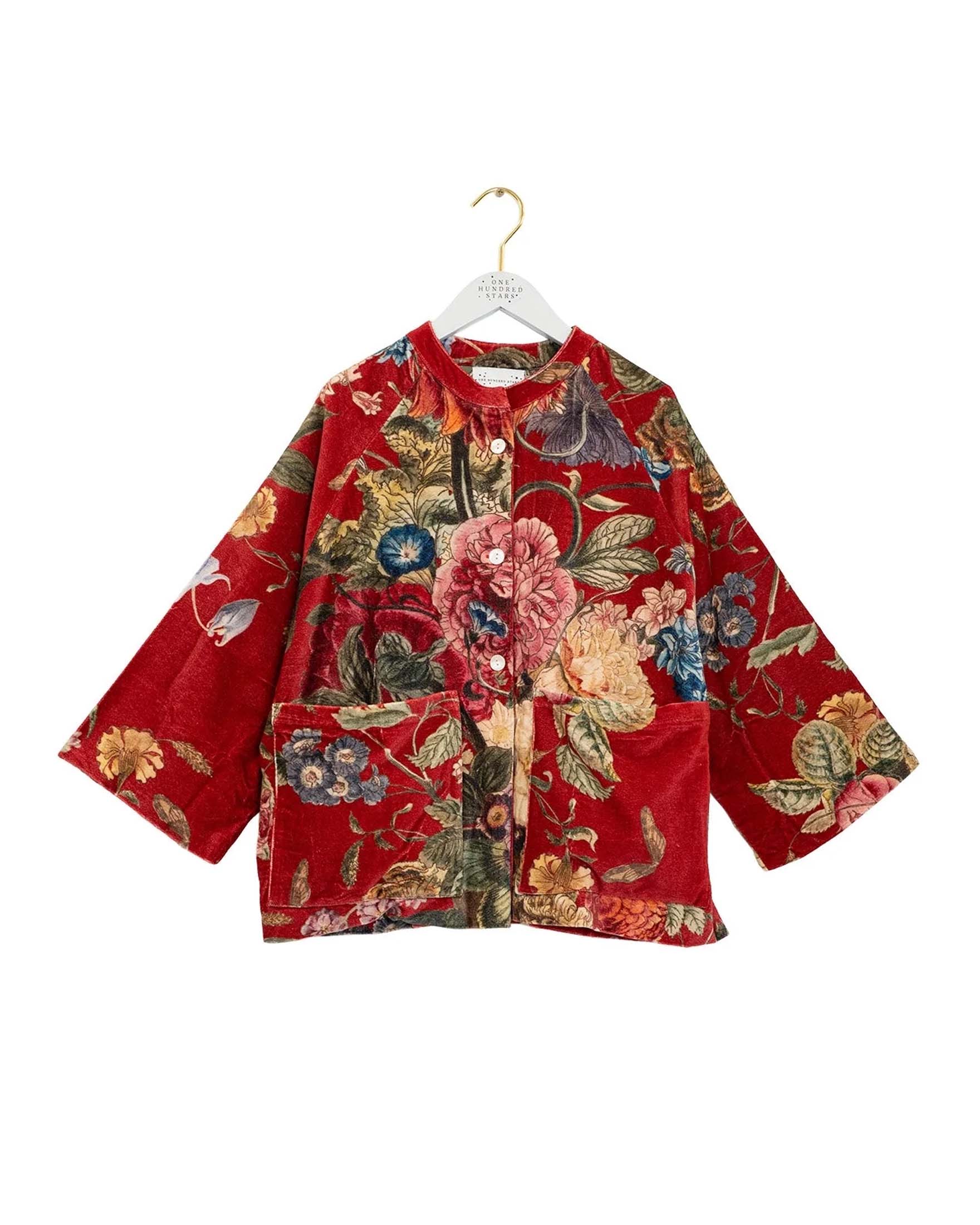 Giacca corta One Hundred Stars rossa in velluto a fiori multicolor con colletto alla coreana