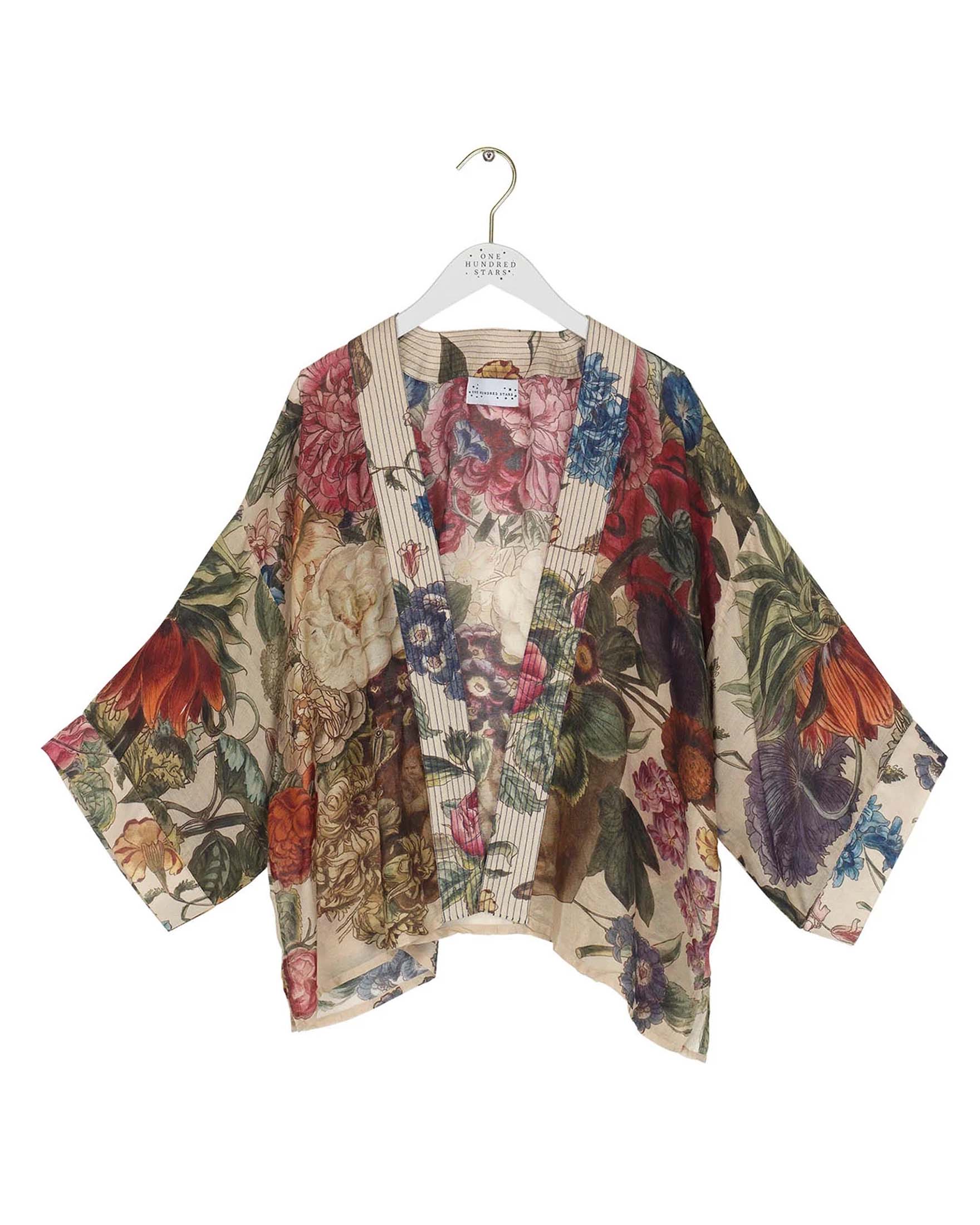Kimono corto beige One Hundred Stars in modal e cupro a fantasia fiori multicolore